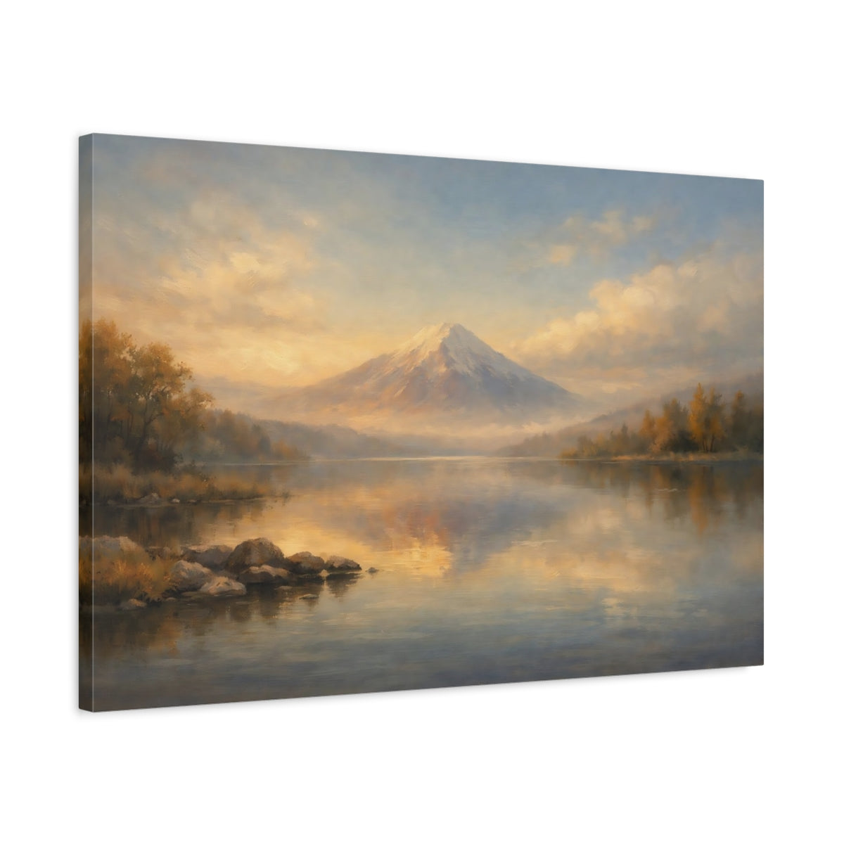 Side Mockup 2. Nature Snowy Mountain Orange Blue Landscape shown as stretched canvas wall art