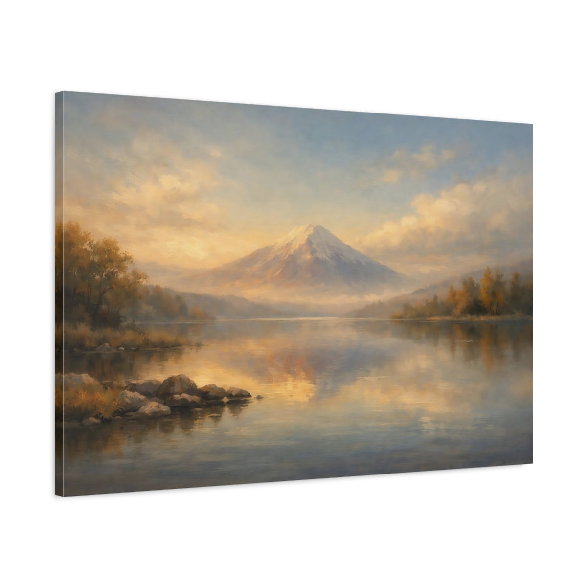 Side Mockup 1. Nature Snowy Mountain Orange Blue Landscape shown as stretched canvas wall art