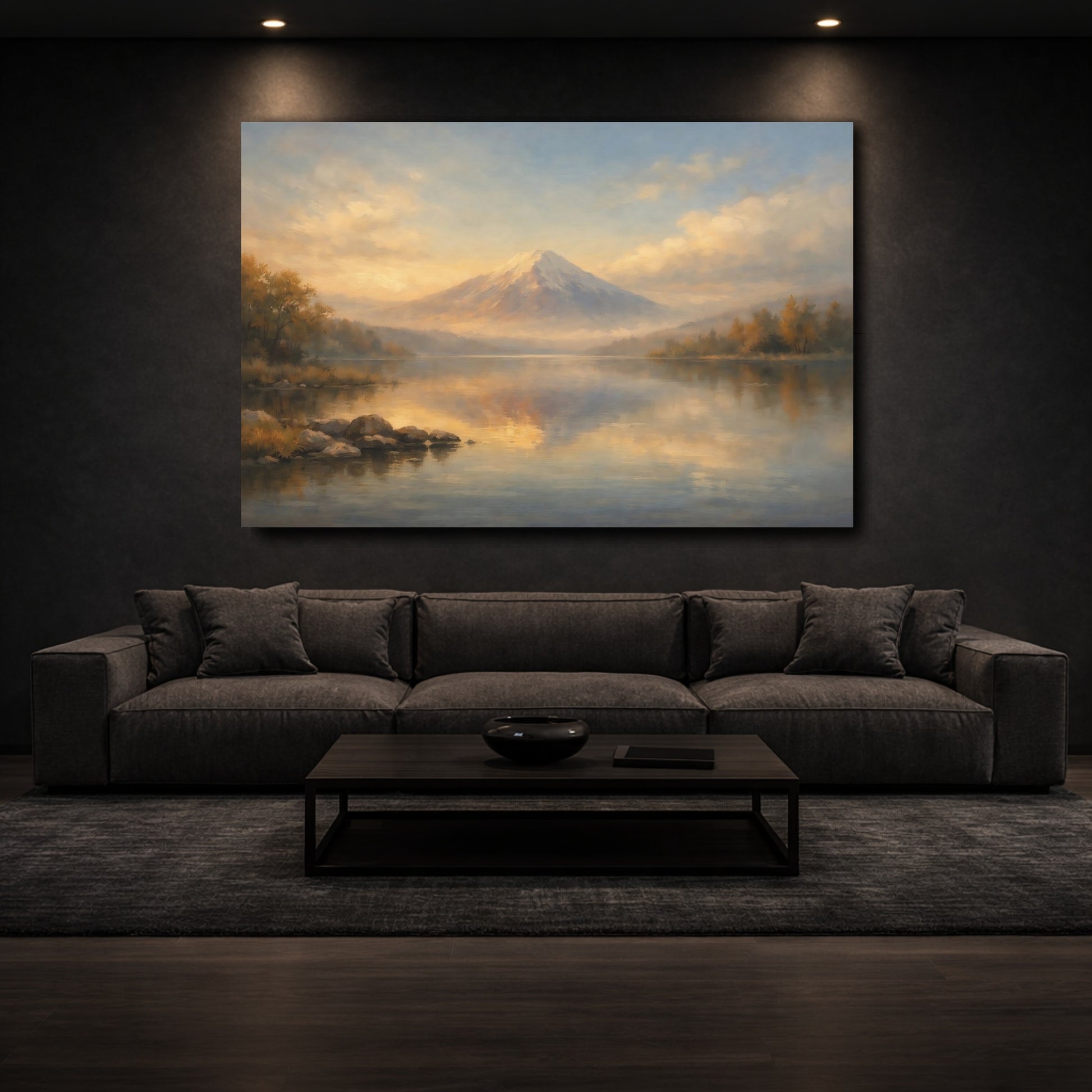Mockup 2. Nature Snowy Mountain Orange Blue Landscape shown as stretched canvas wall art