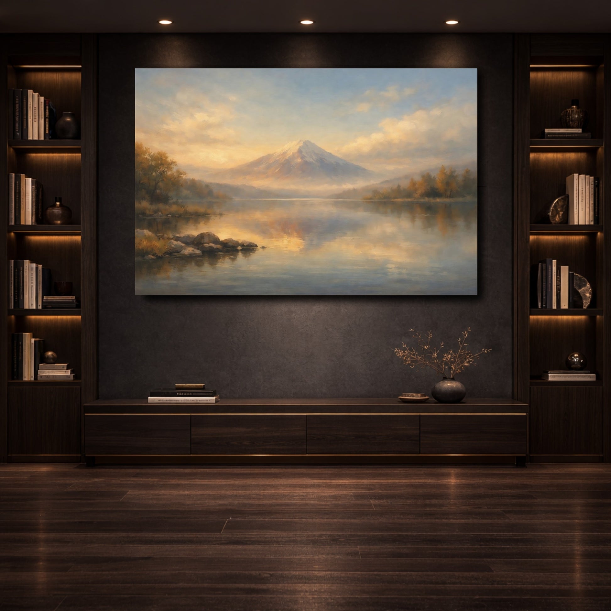 Mockup 3. Nature Snowy Mountain Orange Blue Landscape shown as stretched canvas wall art