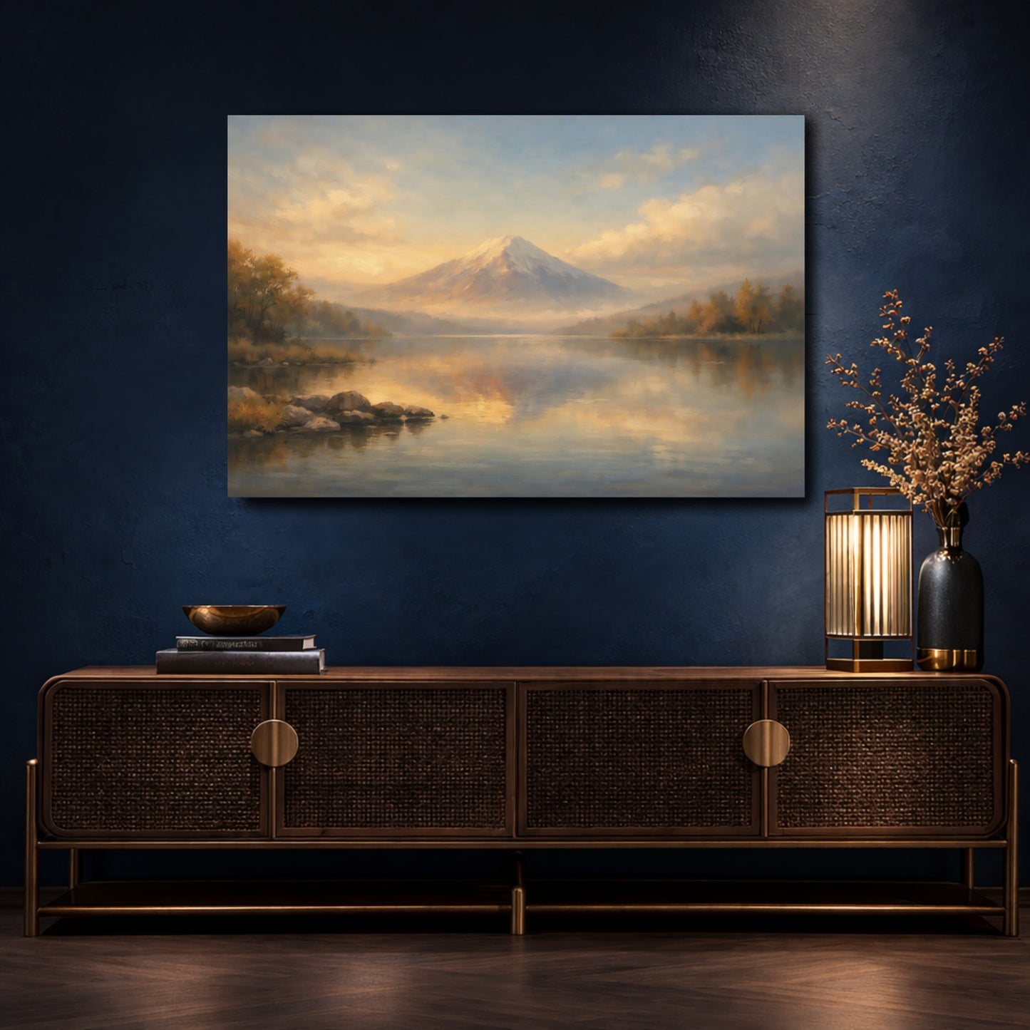 Mockup 4. Nature Snowy Mountain Orange Blue Landscape shown as stretched canvas wall art
