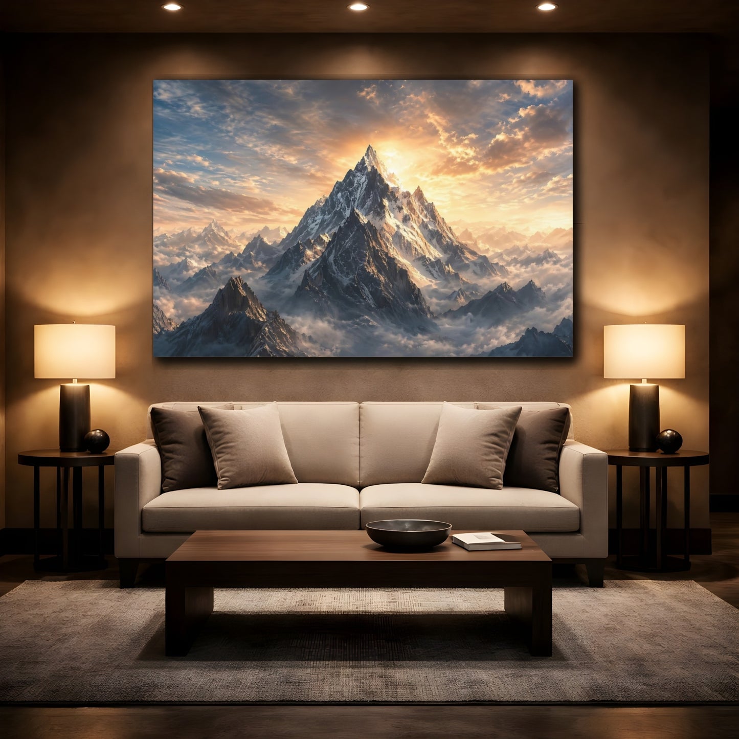 Mockup 2. Nature Snowy Mountain Snow Mountain Sunset shown as stretched canvas wall art