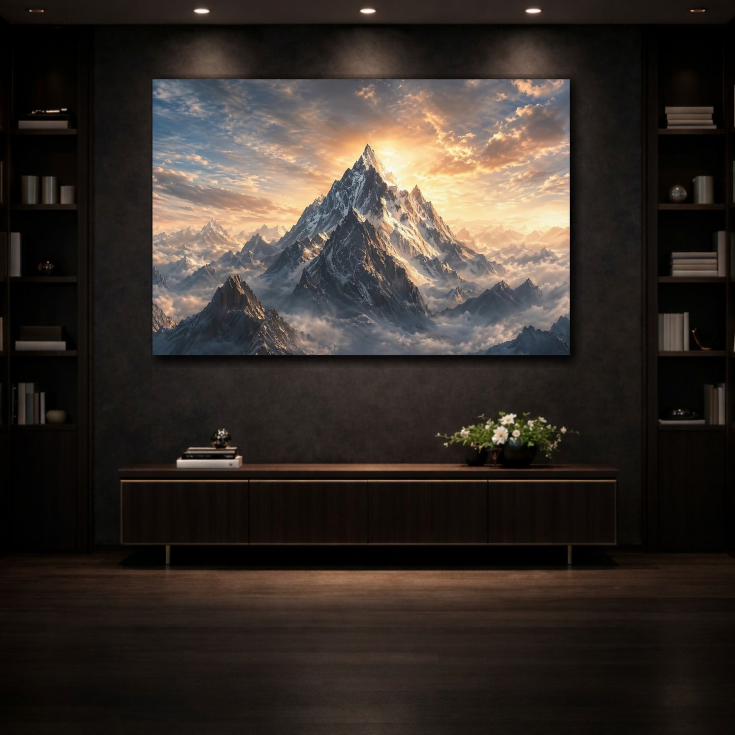 Mockup 3. Nature Snowy Mountain Snow Mountain Sunset shown as stretched canvas wall art