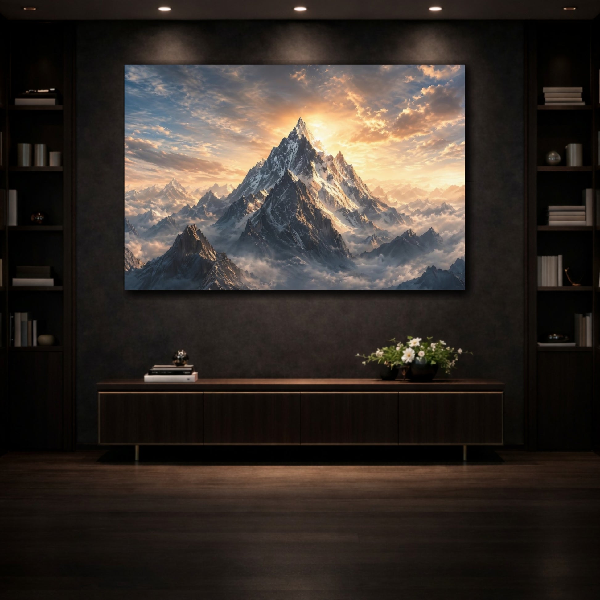 Mockup 3. Nature Snowy Mountain Snow Mountain Sunset shown as stretched canvas wall art