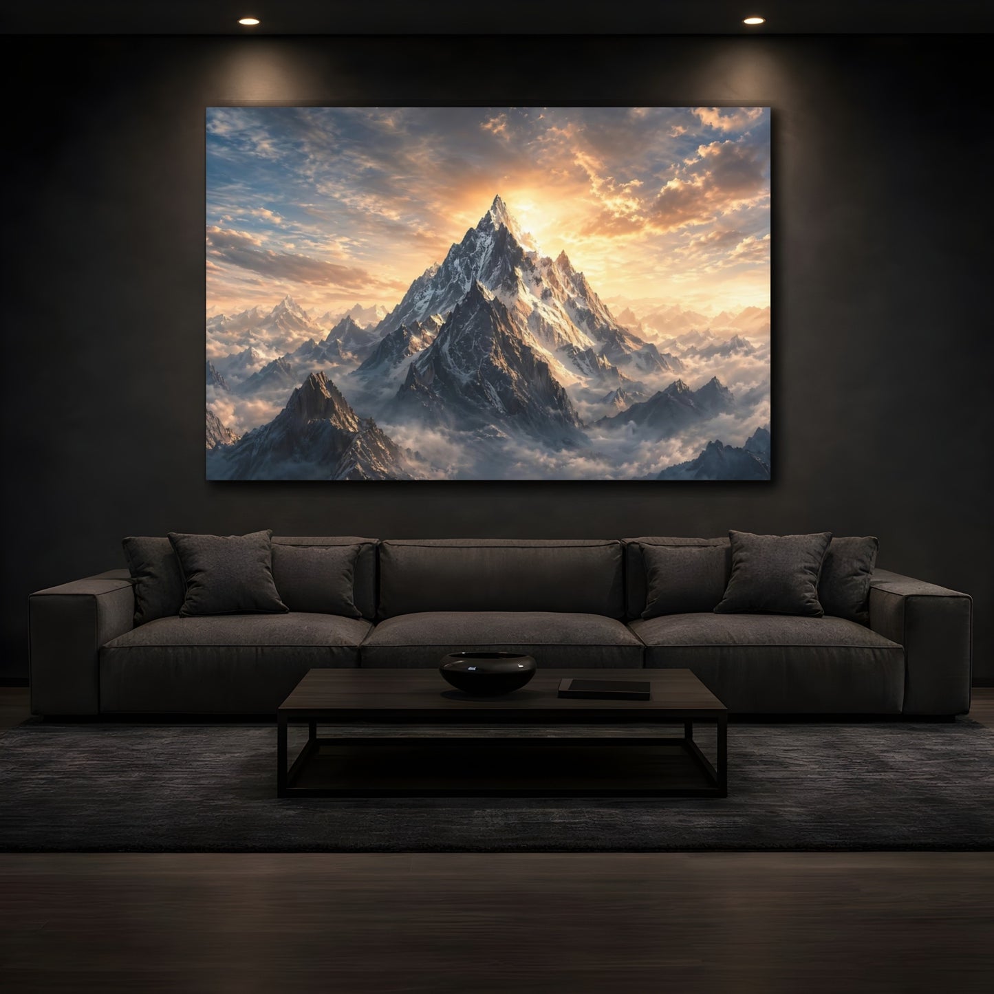 Mockup 4. Nature Snowy Mountain Snow Mountain Sunset shown as stretched canvas wall art
