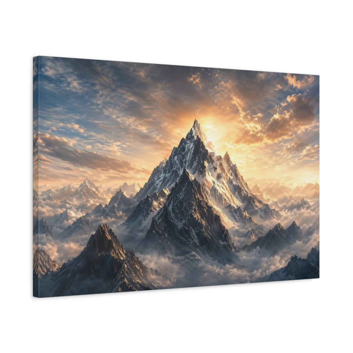 Side Mockup 2. Nature Snowy Mountain Snow Mountain Sunset shown as stretched canvas wall art