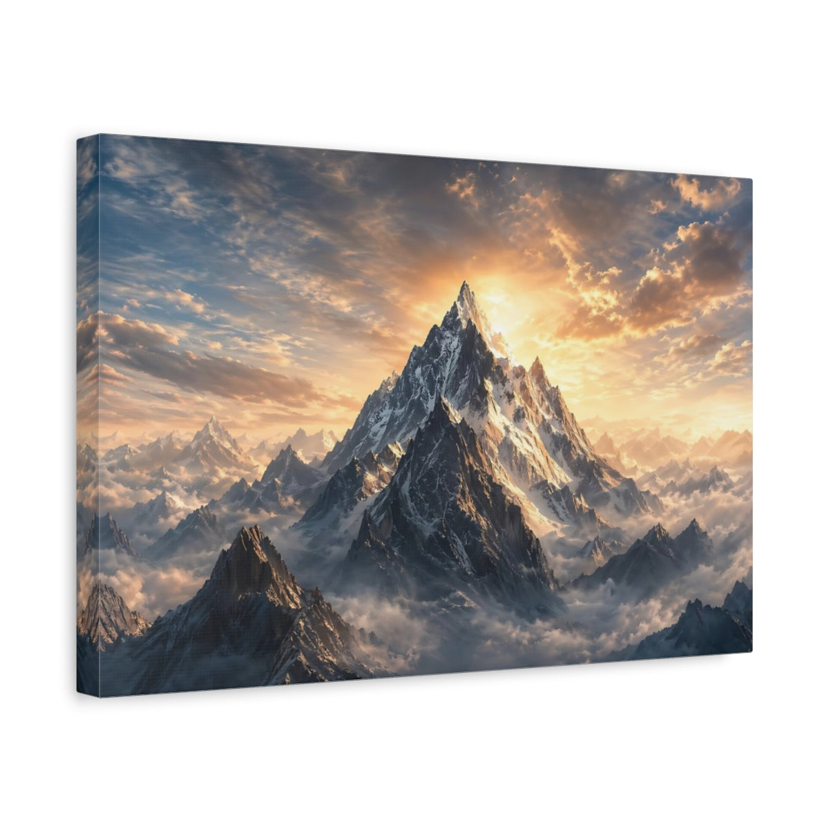 Side Mockup 4. Nature Snowy Mountain Snow Mountain Sunset shown as stretched canvas wall art