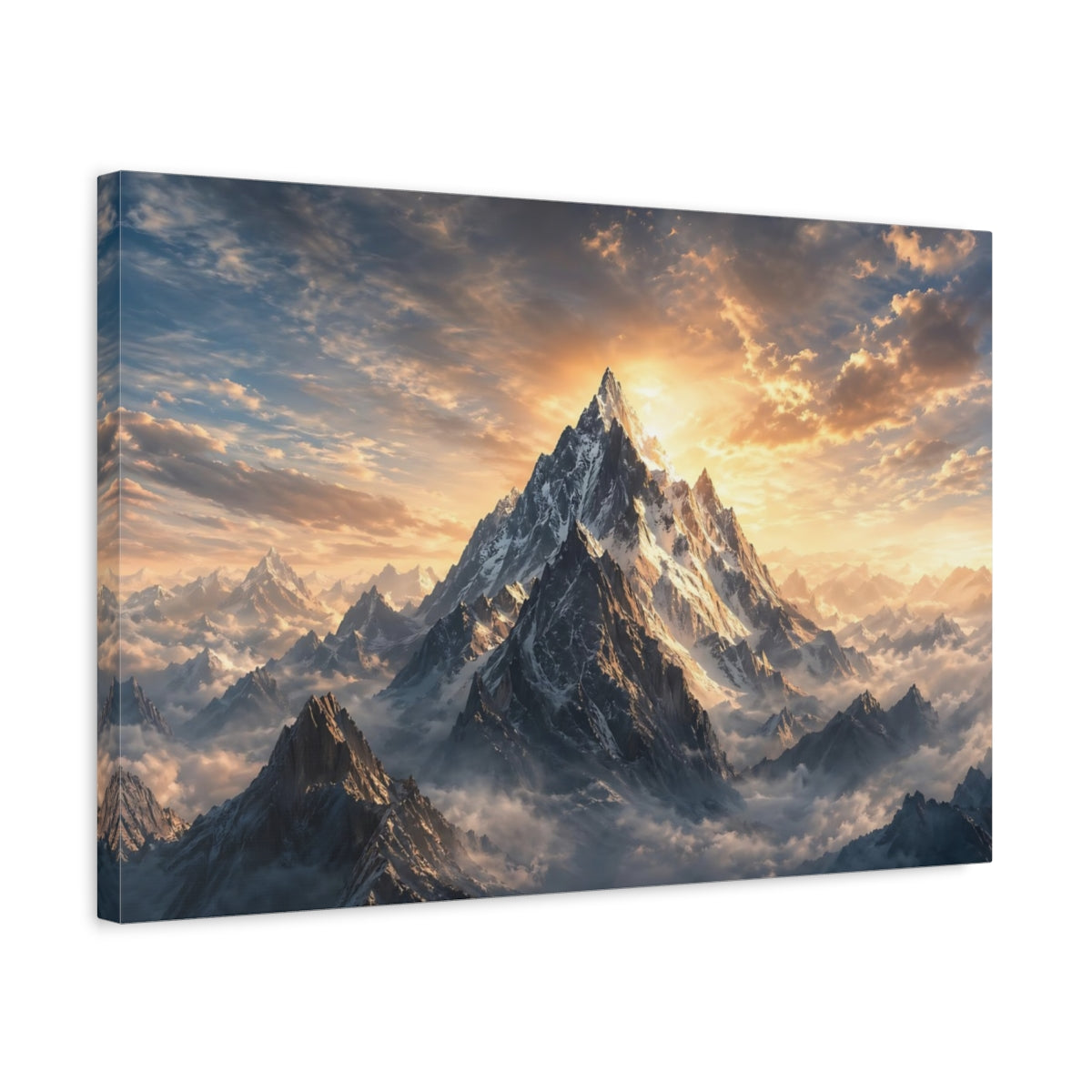 Side Mockup 3. Nature Snowy Mountain Snow Mountain Sunset shown as stretched canvas wall art