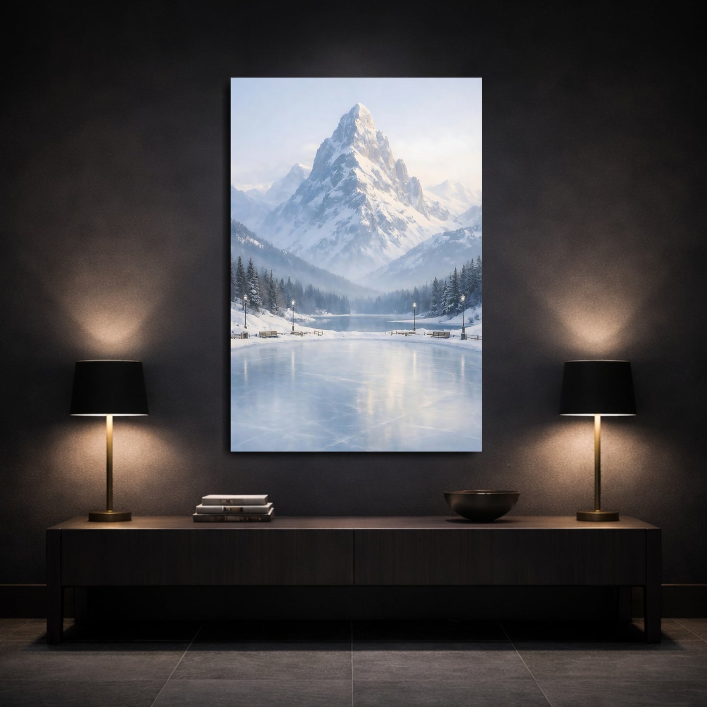 Mockup 2. Nature Snowy Mountain Snowy Blue Mountain shown as stretched canvas wall art