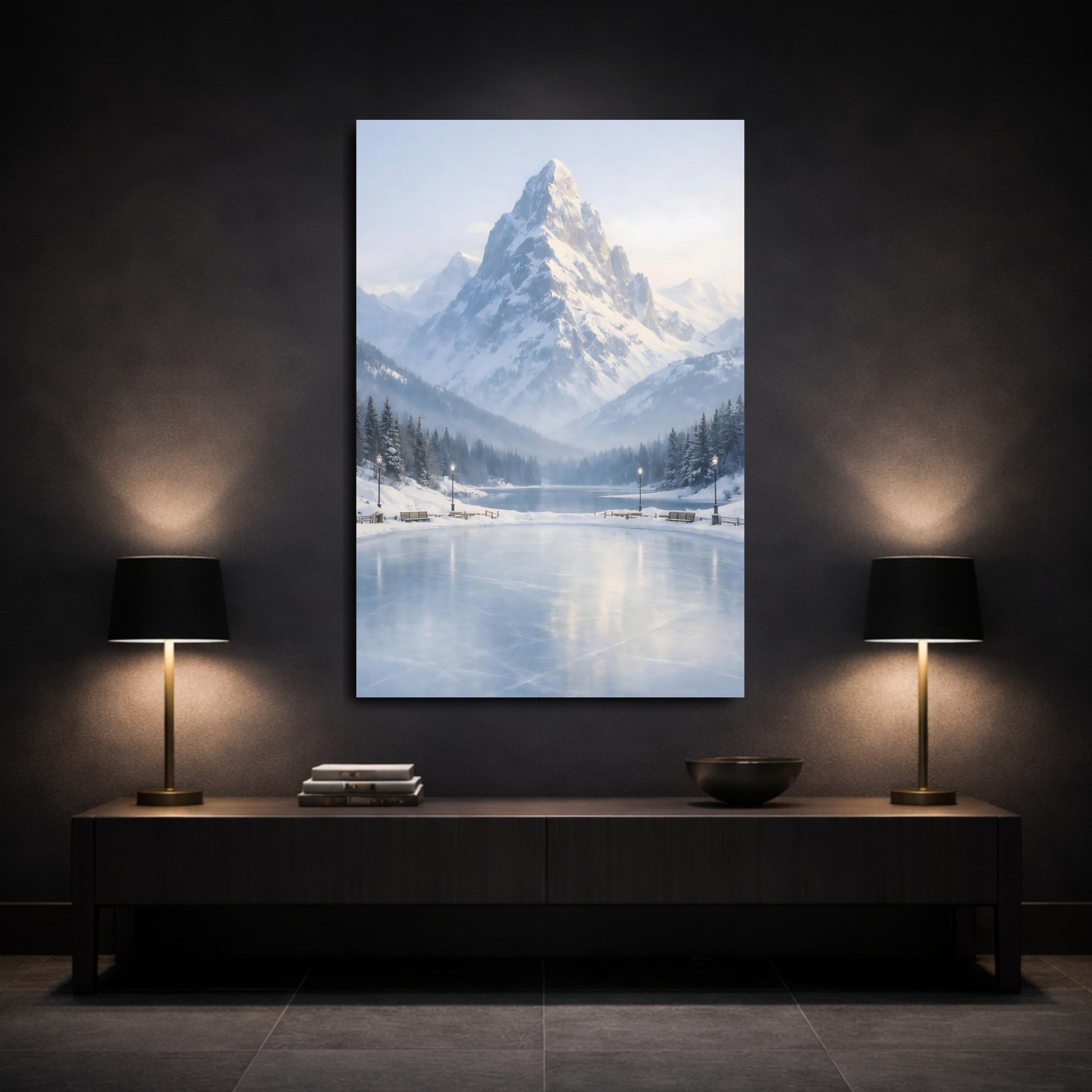 Mockup 2. Nature Snowy Mountain Snowy Blue Mountain shown as stretched canvas wall art