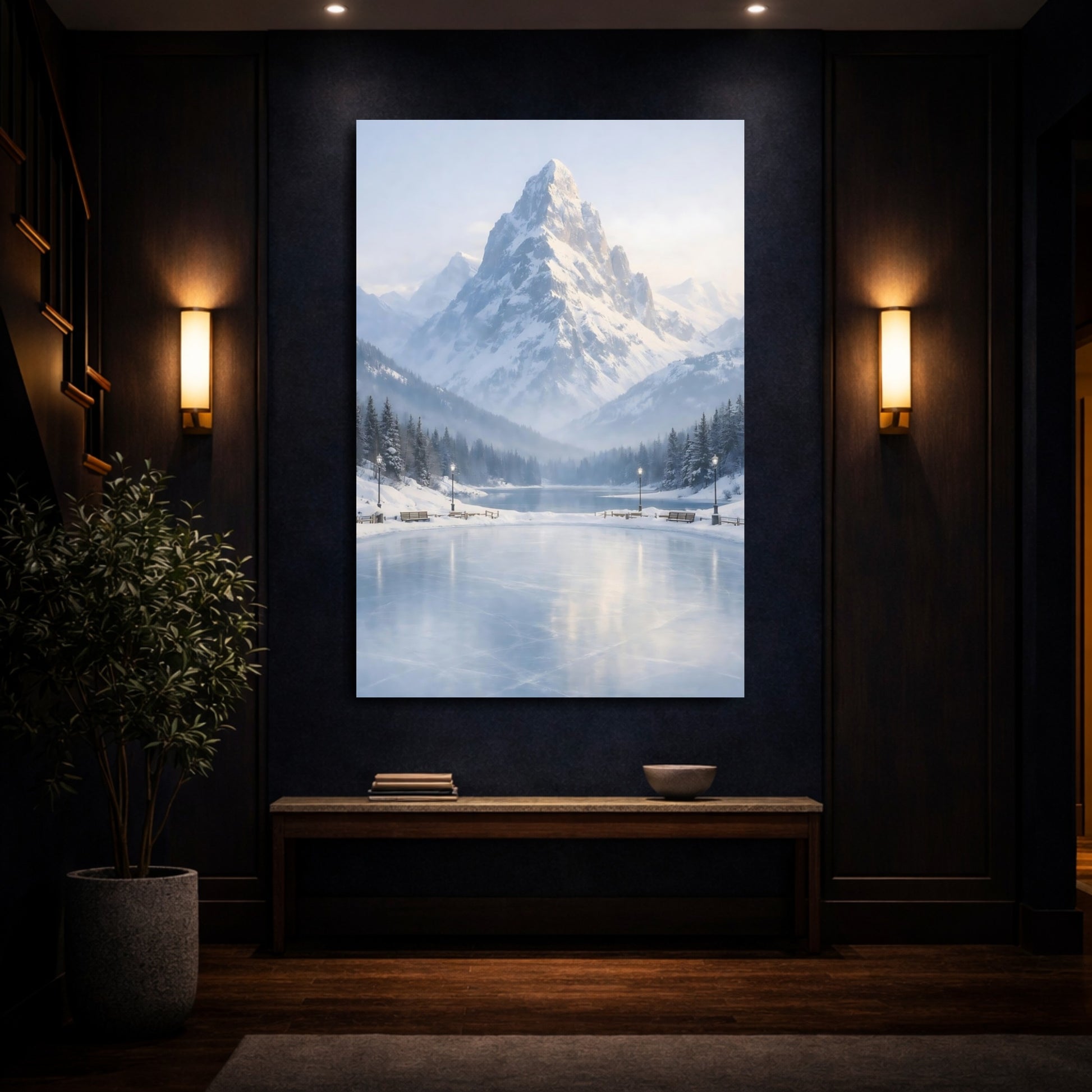 Mockup 3. Nature Snowy Mountain Snowy Blue Mountain shown as stretched canvas wall art