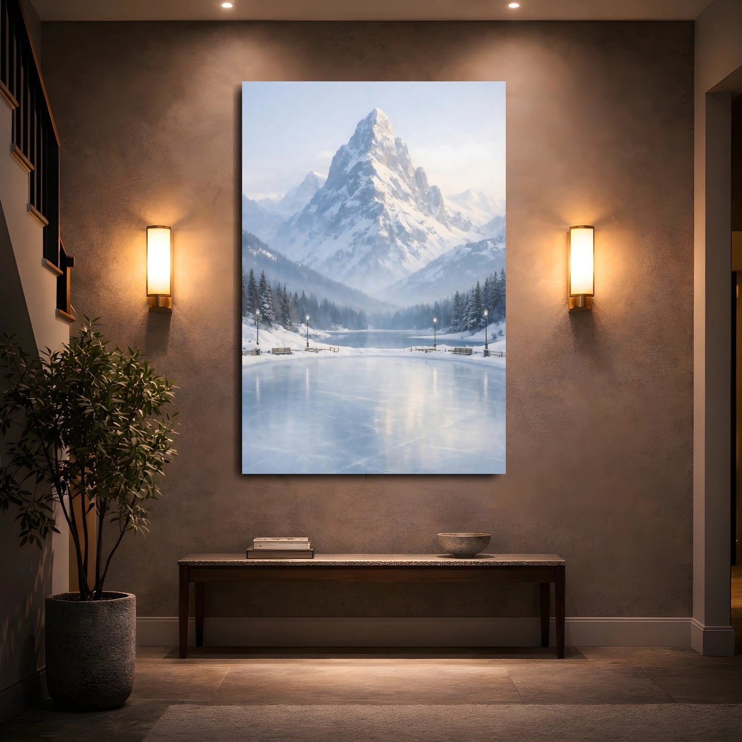 Mockup 4. Nature Snowy Mountain Snowy Blue Mountain shown as stretched canvas wall art