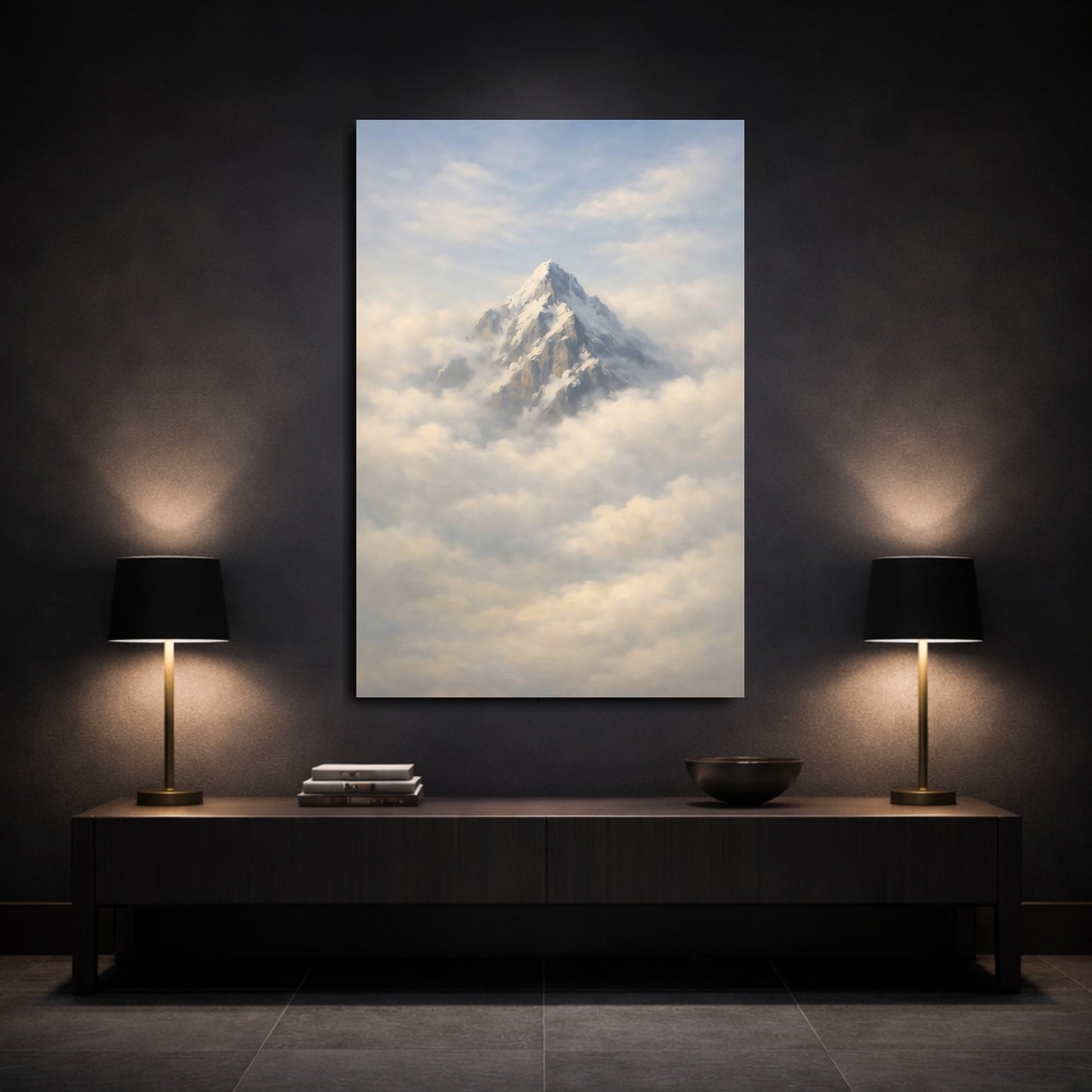Mockup 2. Nature Snowy Mountain Snowy Mountain Clouds shown as stretched canvas wall art