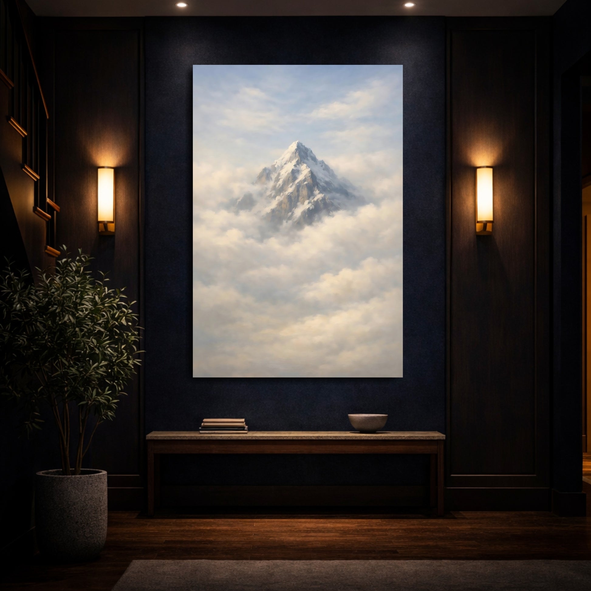 Mockup 3. Nature Snowy Mountain Snowy Mountain Clouds shown as stretched canvas wall art