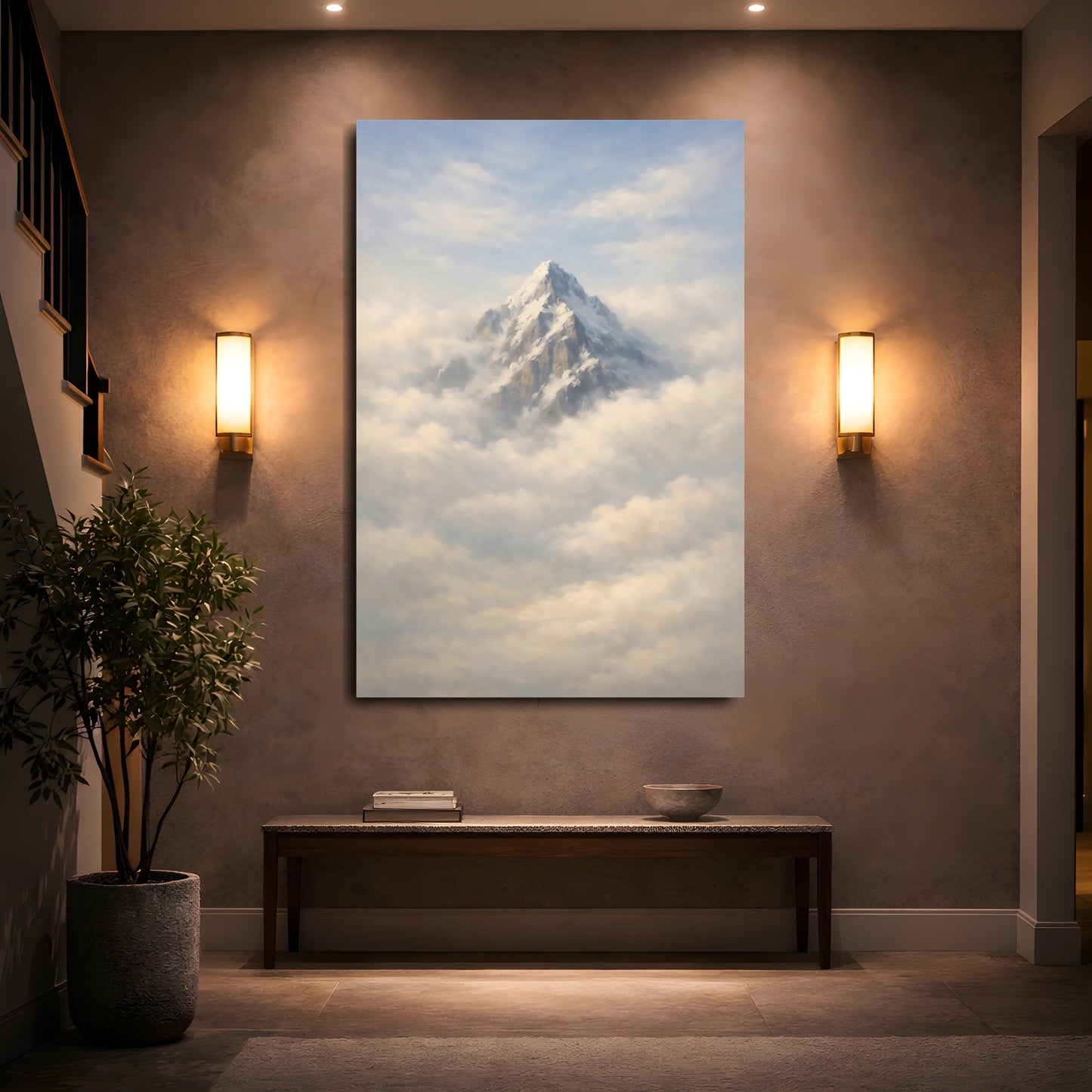 Mockup 4. Nature Snowy Mountain Snowy Mountain Clouds shown as stretched canvas wall art
