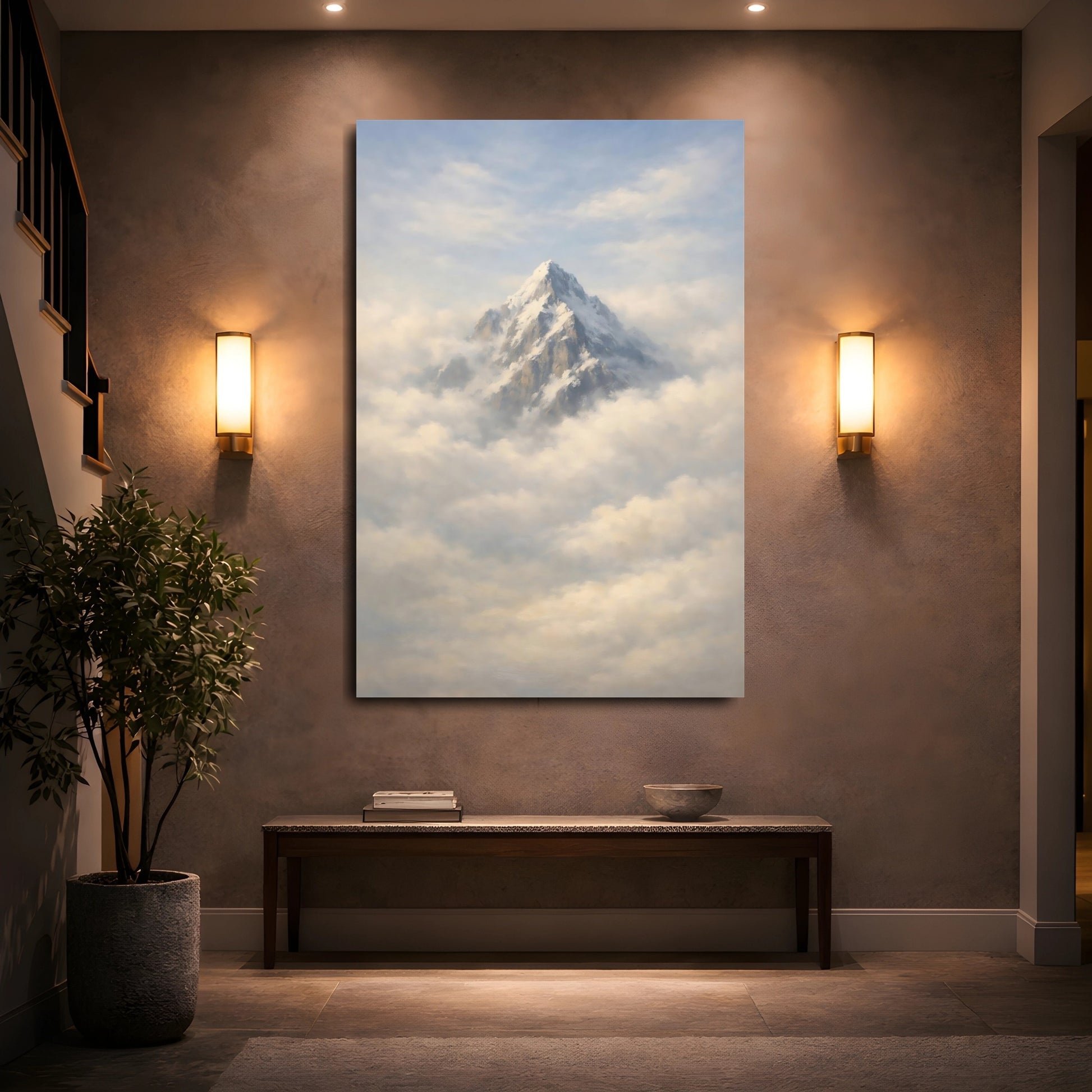 Mockup 4. Nature Snowy Mountain Snowy Mountain Clouds shown as stretched canvas wall art