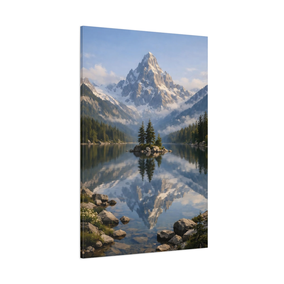 Main Mockup. Nature Snowy Mountain Snowy Mountain Lake shown as stretched canvas wall art