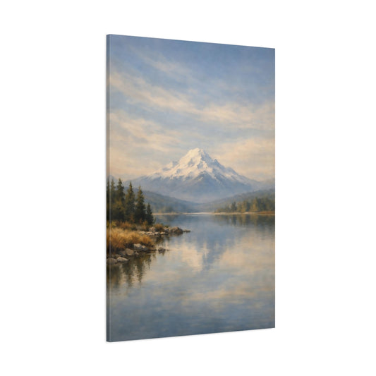 Main Mockup. Nature Snowy Mountain Snowy Mountain Lake shown as stretched canvas wall art