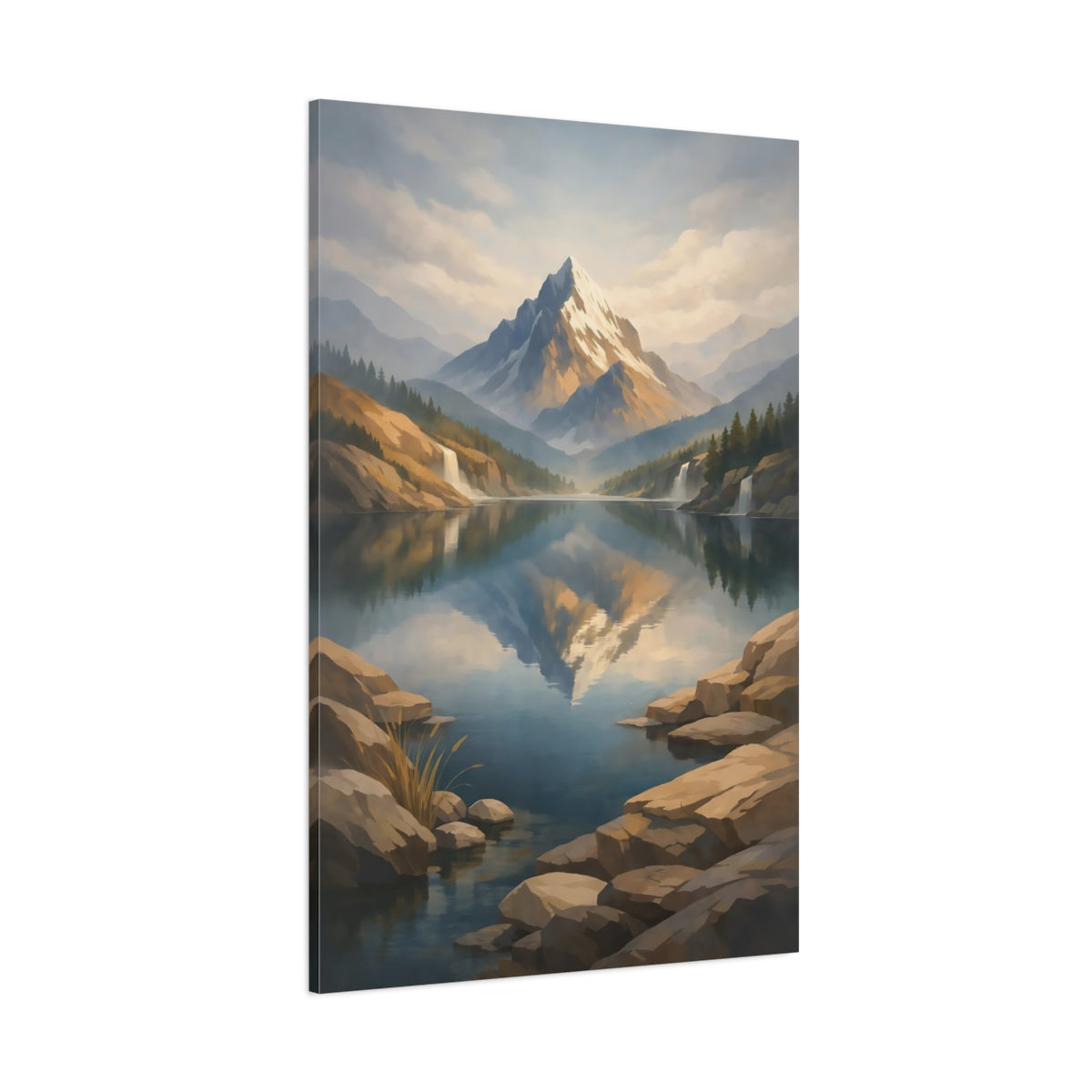 Main Mockup. Nature Snowy Mountain Snowy Mountain Lake shown as stretched canvas wall art