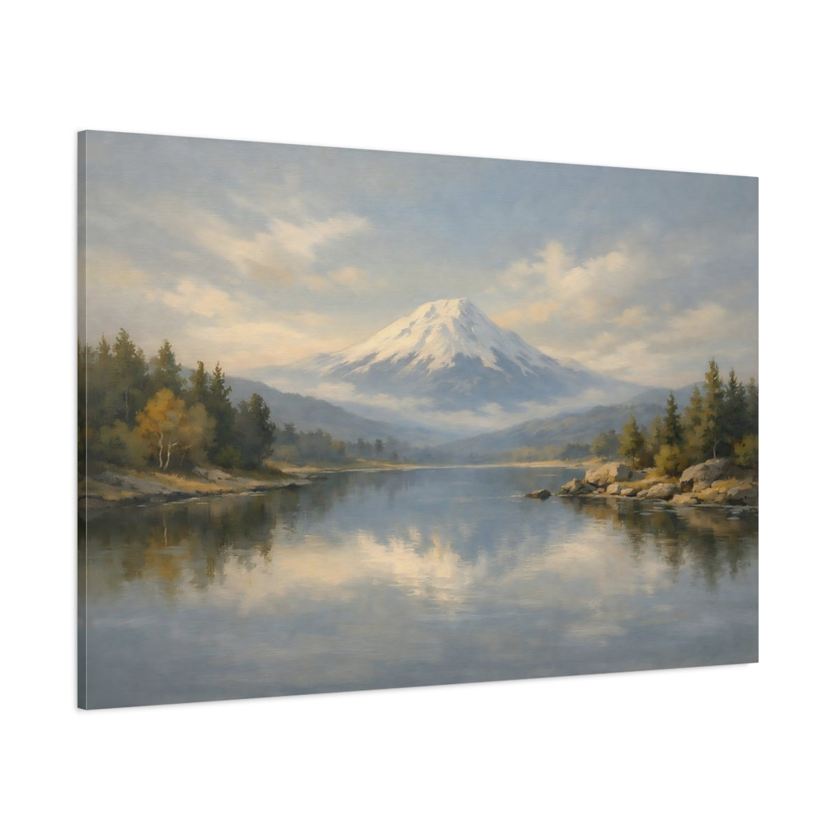 Main Mockup. Nature Snowy Mountain Snowy Mountain Lake shown as stretched canvas wall art