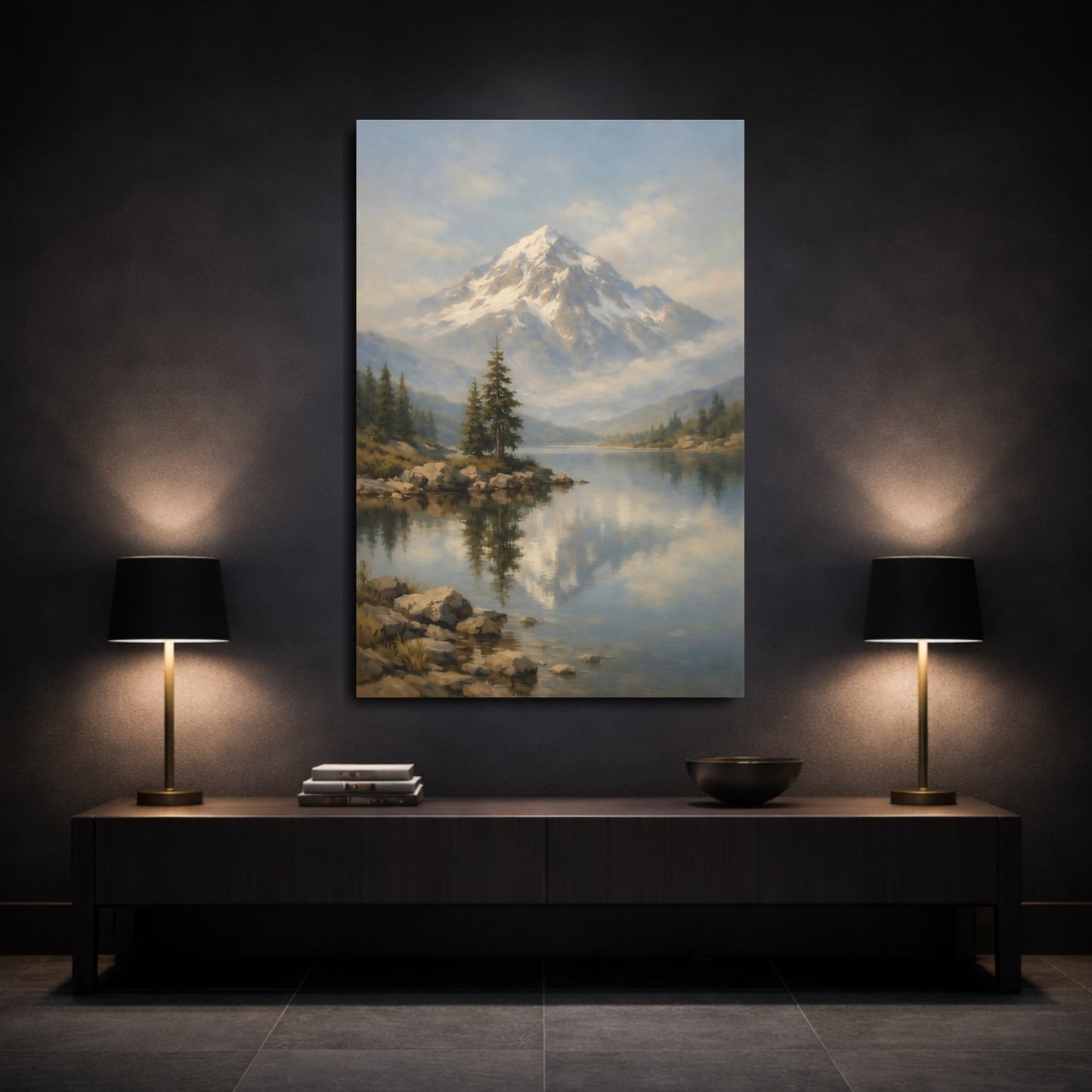 Mockup 2. Nature Snowy Mountain Snowy Mountain Lake shown as stretched canvas wall art