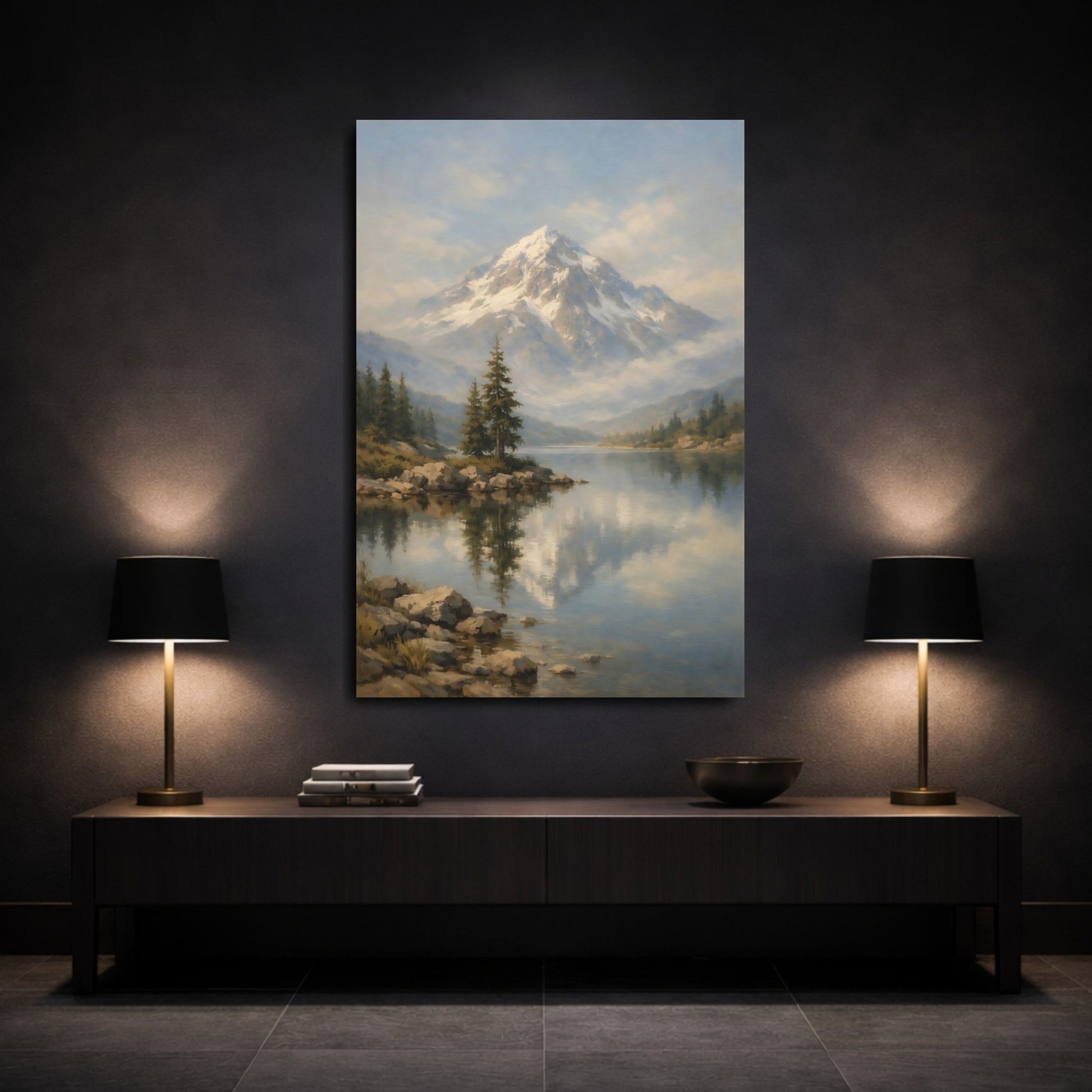 Mockup 2. Nature Snowy Mountain Snowy Mountain Lake shown as stretched canvas wall art
