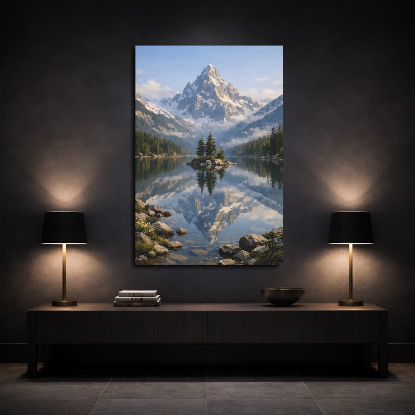 Mockup 2. Nature Snowy Mountain Snowy Mountain Lake shown as stretched canvas wall art