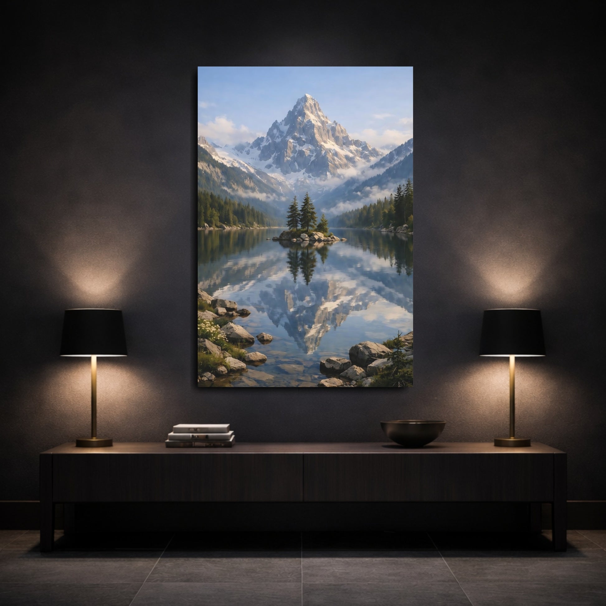 Mockup 2. Nature Snowy Mountain Snowy Mountain Lake shown as stretched canvas wall art