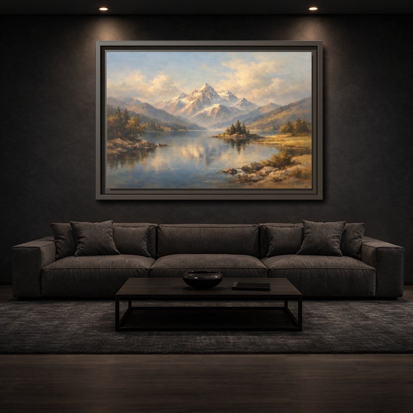 Mockup 2. Nature Snowy Mountain Snowy Mountain Lake shown as stretched canvas wall art