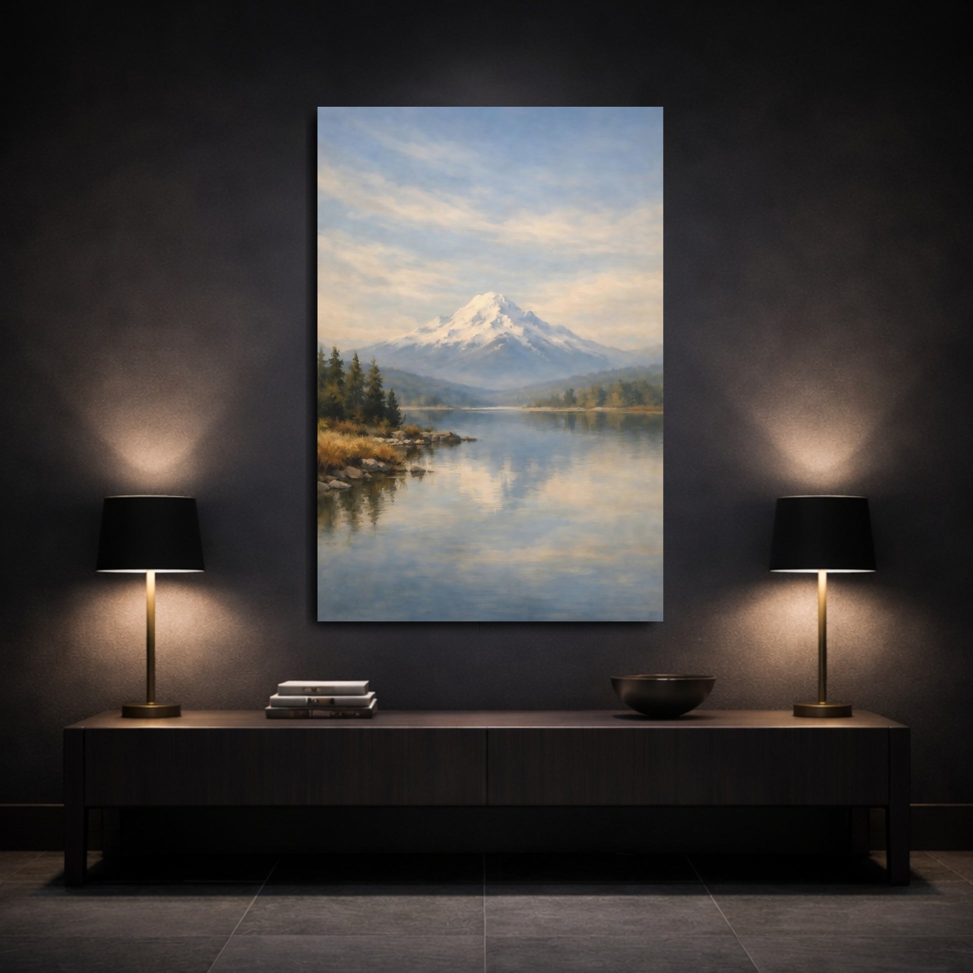 Mockup 2. Nature Snowy Mountain Snowy Mountain Lake shown as stretched canvas wall art