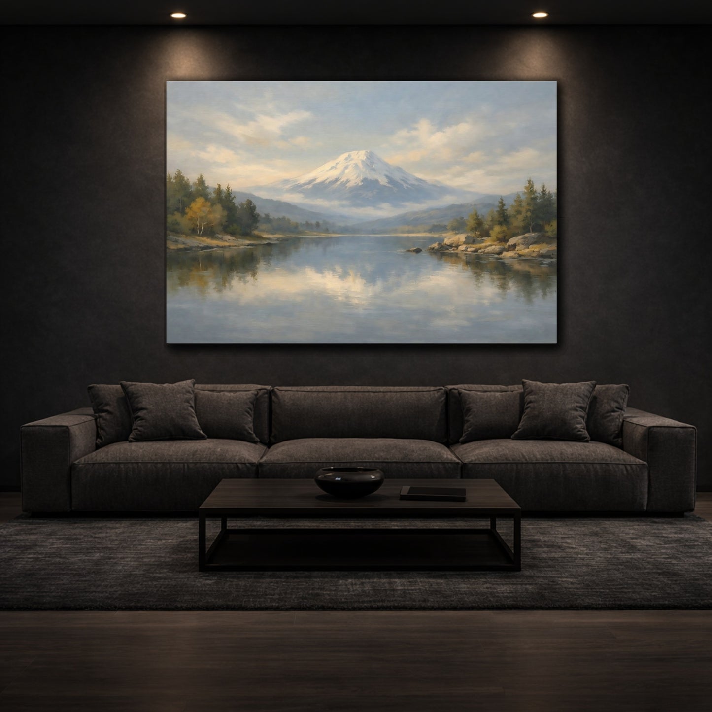 Mockup 2. Nature Snowy Mountain Snowy Mountain Lake shown as stretched canvas wall art