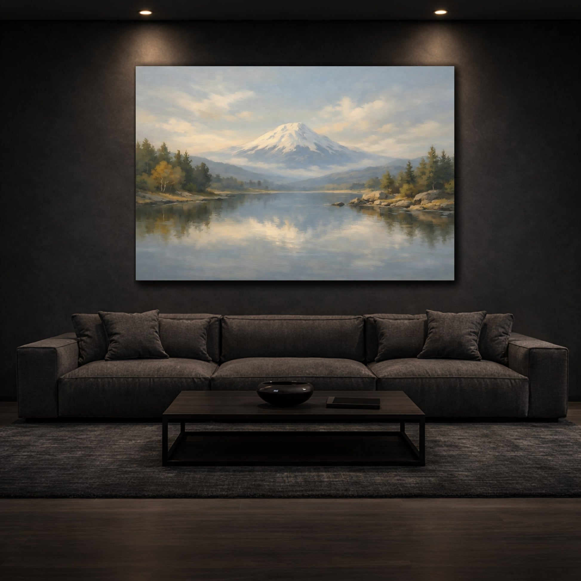 Mockup 2. Nature Snowy Mountain Snowy Mountain Lake shown as stretched canvas wall art