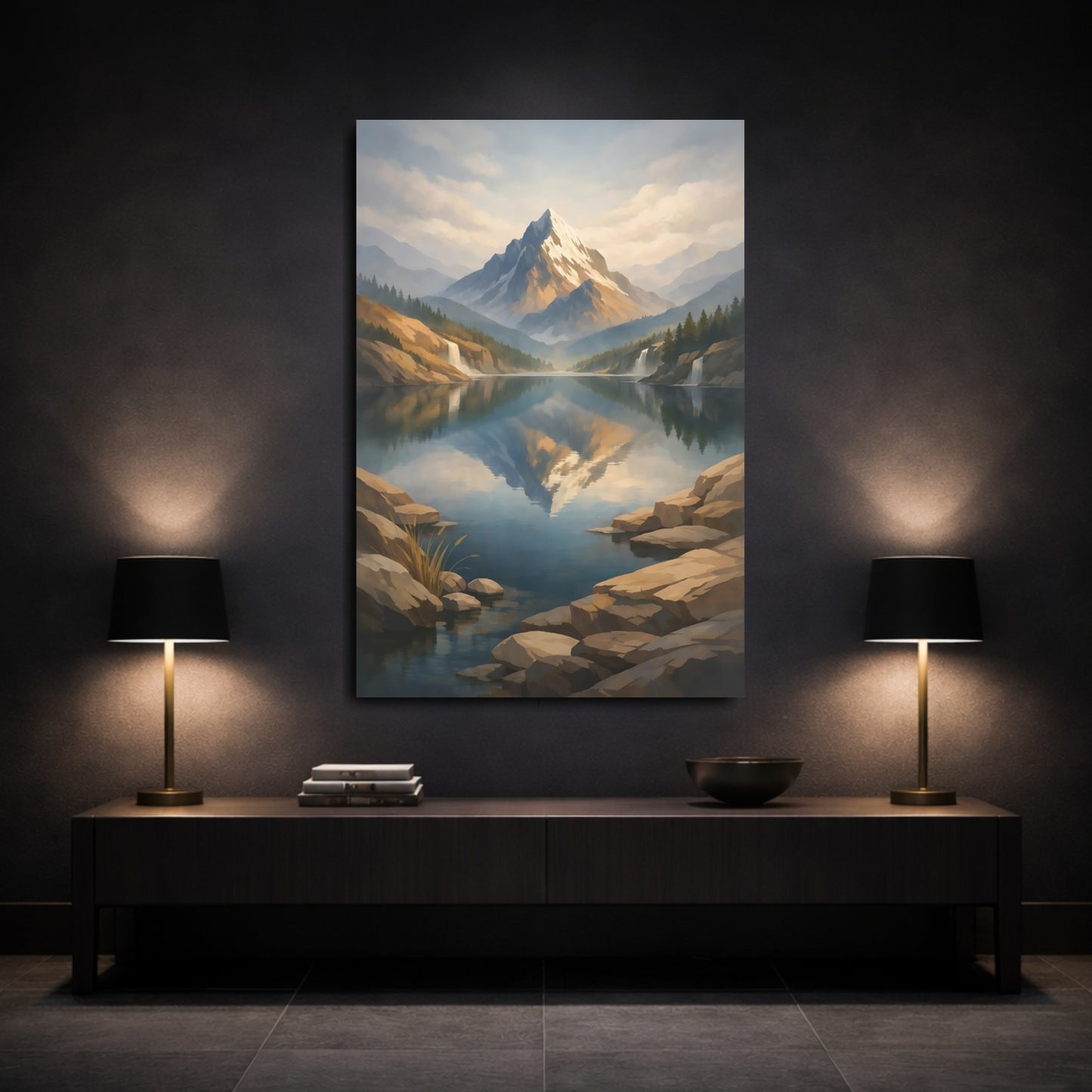 Mockup 2. Nature Snowy Mountain Snowy Mountain Lake shown as stretched canvas wall art