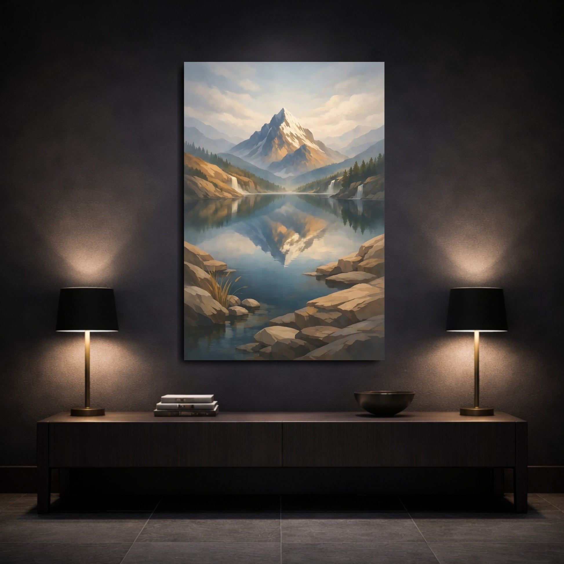 Mockup 2. Nature Snowy Mountain Snowy Mountain Lake shown as stretched canvas wall art
