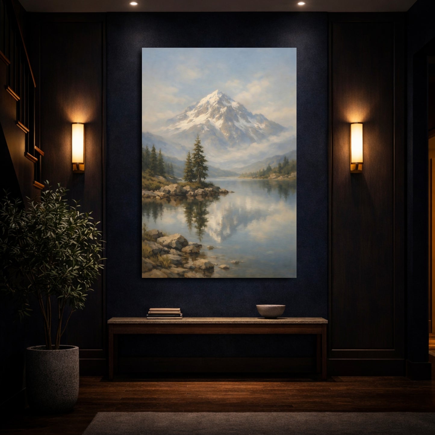 Mockup 3. Nature Snowy Mountain Snowy Mountain Lake shown as stretched canvas wall art