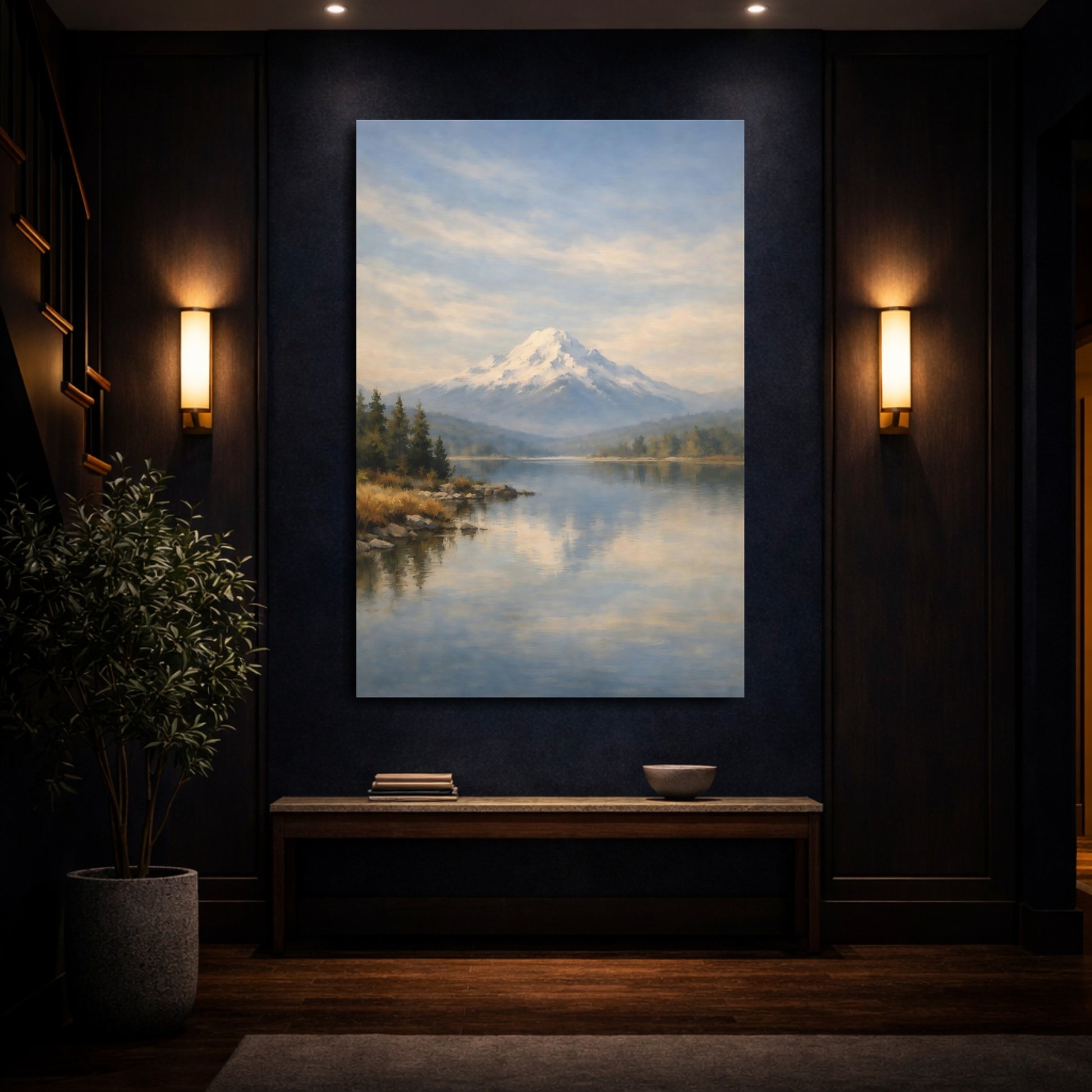 Mockup 3. Nature Snowy Mountain Snowy Mountain Lake shown as stretched canvas wall art
