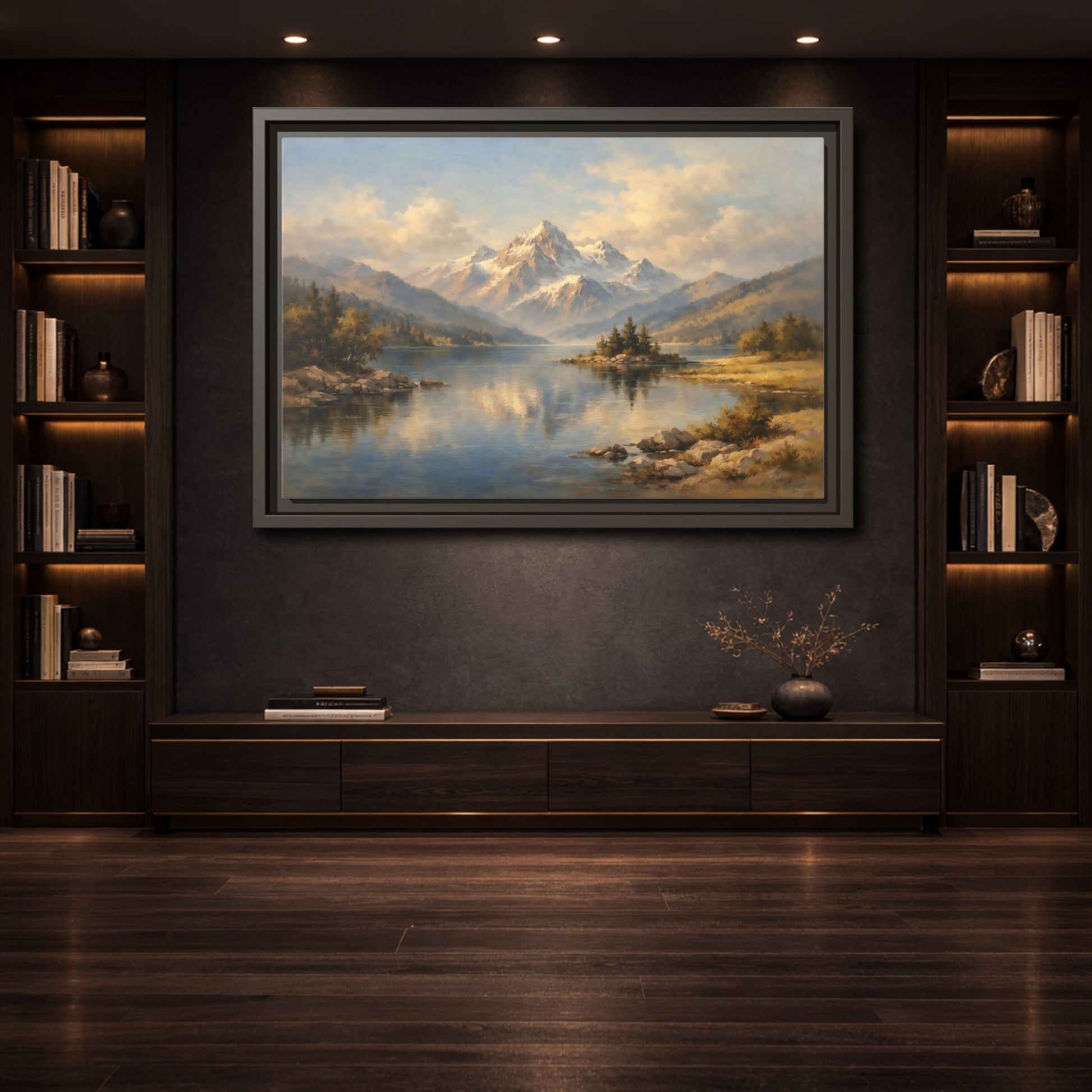 Mockup 3. Nature Snowy Mountain Snowy Mountain Lake shown as stretched canvas wall art