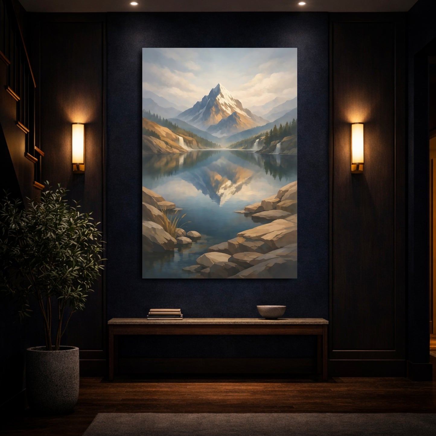 Mockup 3. Nature Snowy Mountain Snowy Mountain Lake shown as stretched canvas wall art