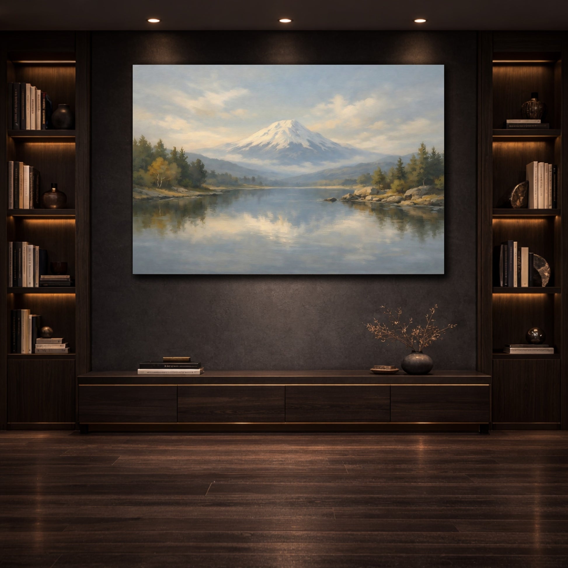 Mockup 3. Nature Snowy Mountain Snowy Mountain Lake shown as stretched canvas wall art