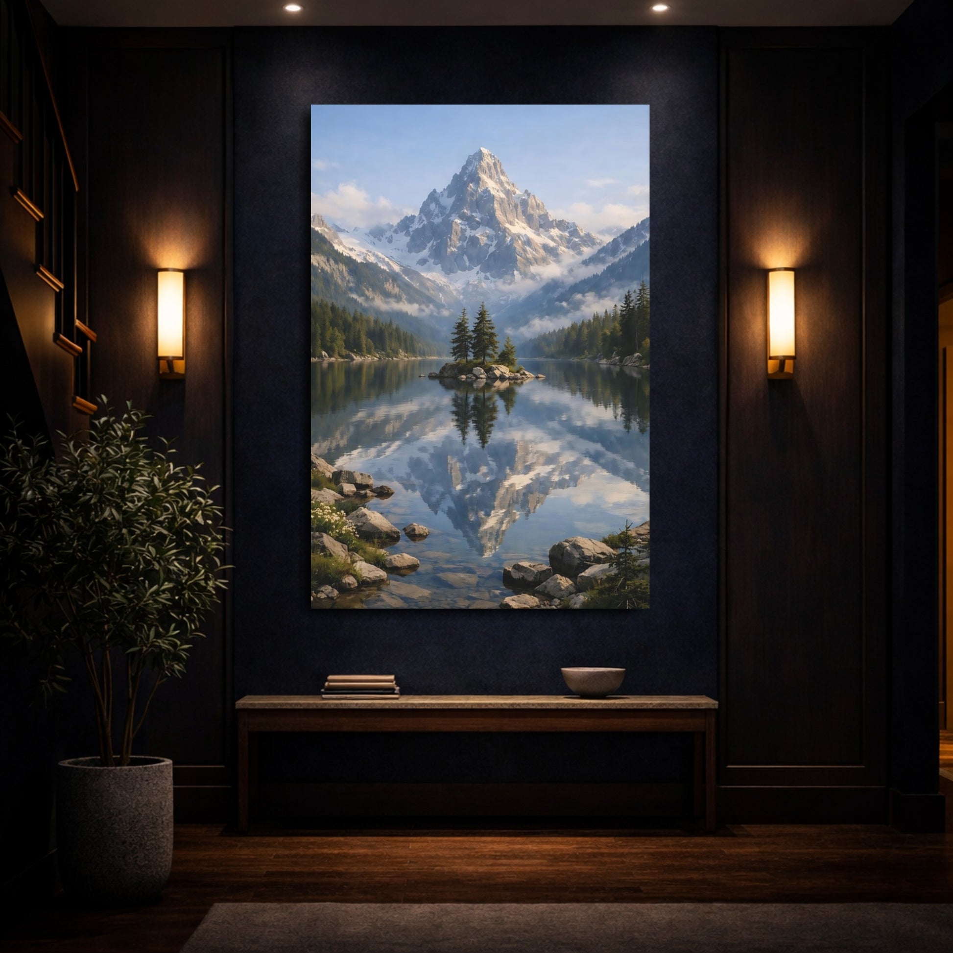 Mockup 3. Nature Snowy Mountain Snowy Mountain Lake shown as stretched canvas wall art