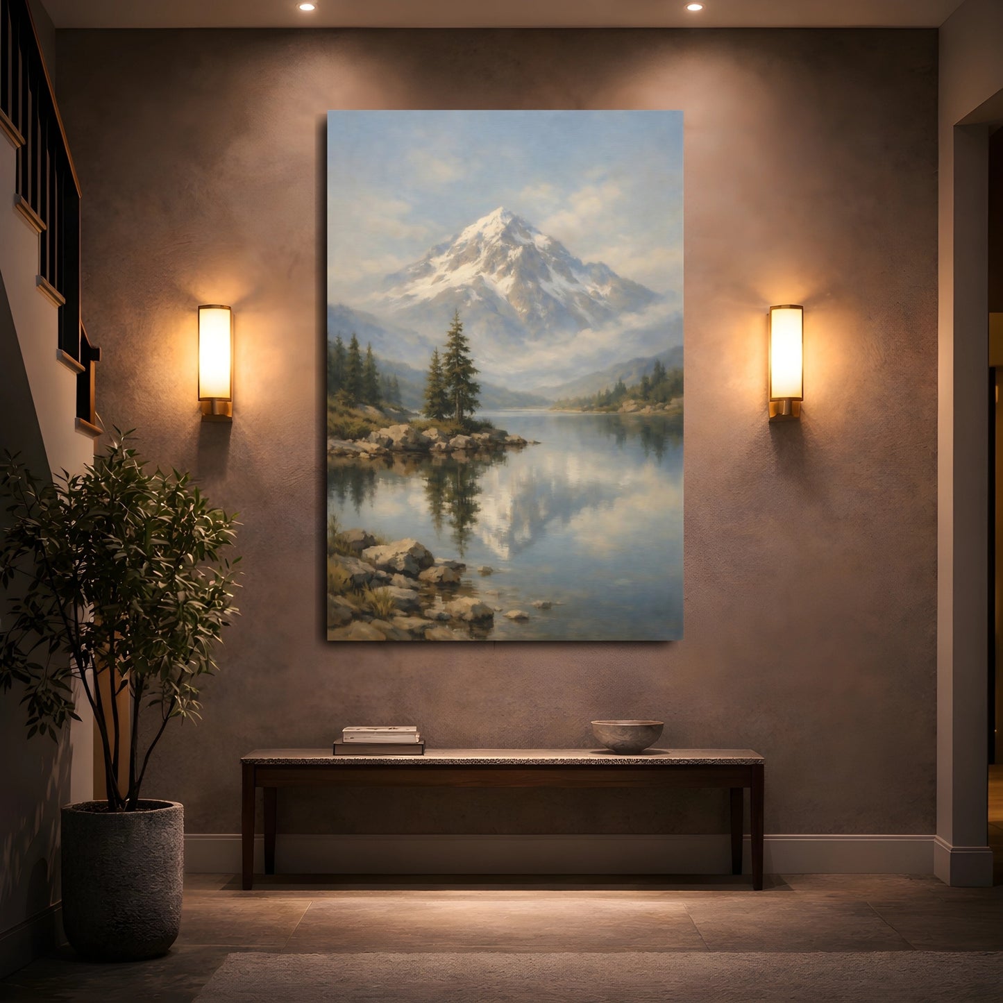 Mockup 4. Nature Snowy Mountain Snowy Mountain Lake shown as stretched canvas wall art