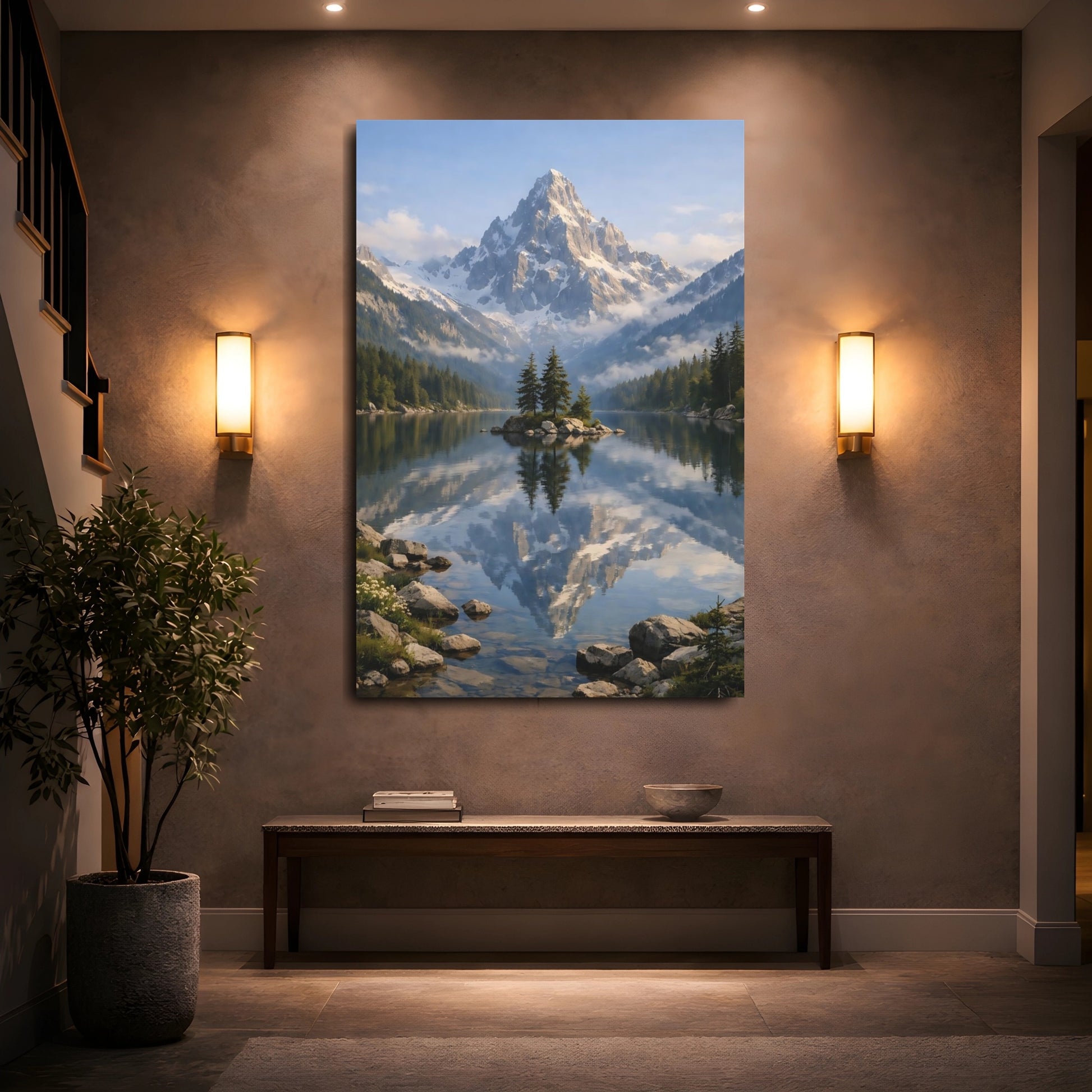 Mockup 4. Nature Snowy Mountain Snowy Mountain Lake shown as stretched canvas wall art