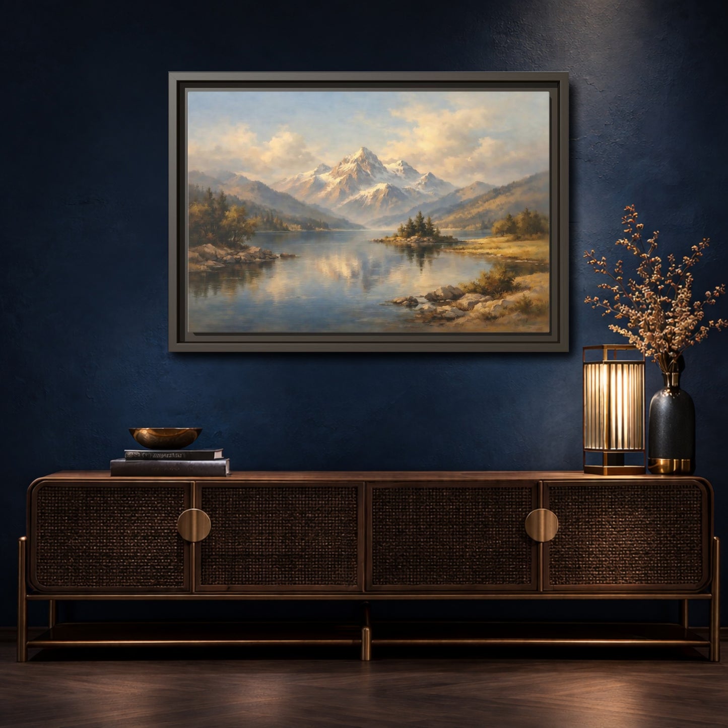 Mockup 4. Nature Snowy Mountain Snowy Mountain Lake shown as stretched canvas wall art