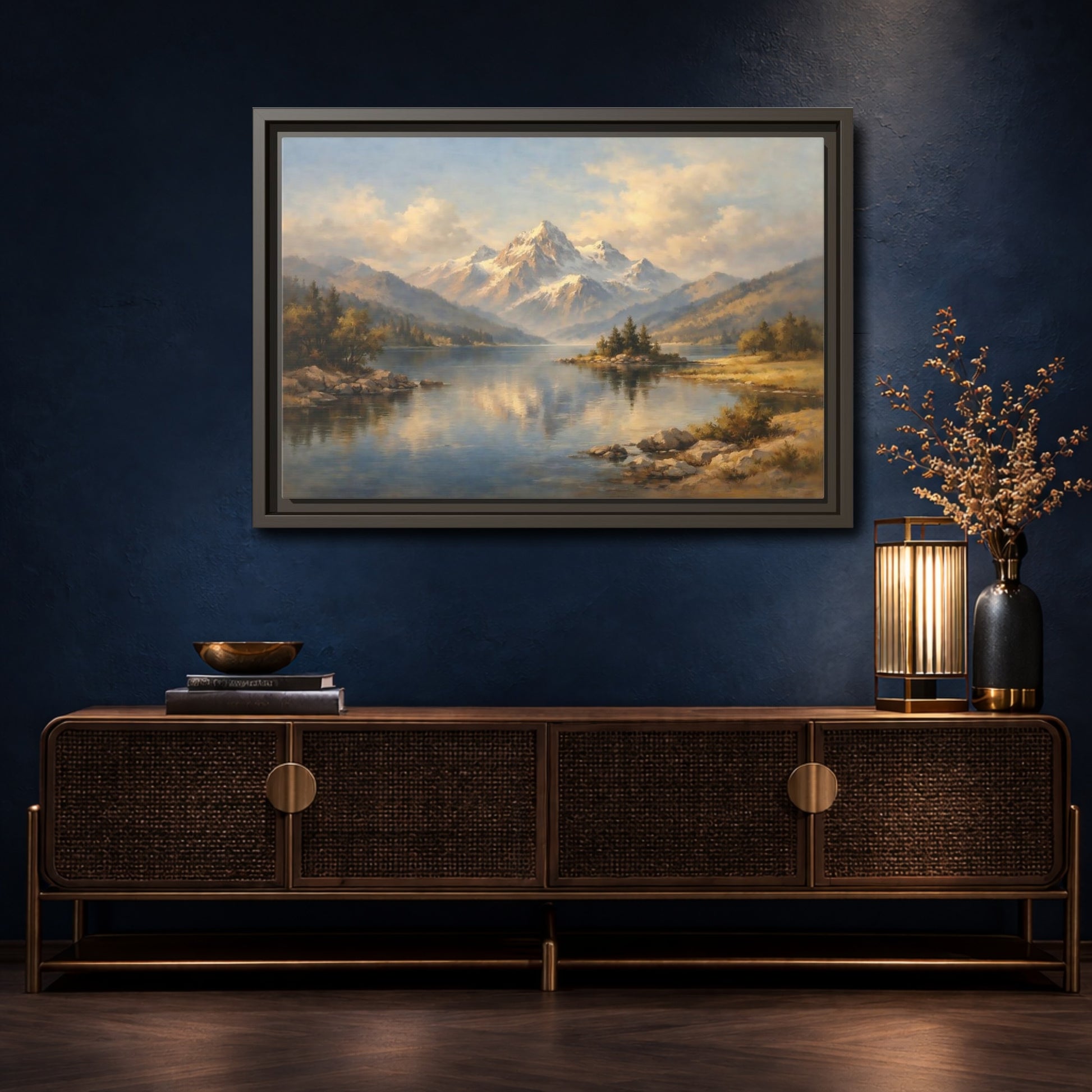 Mockup 4. Nature Snowy Mountain Snowy Mountain Lake shown as stretched canvas wall art