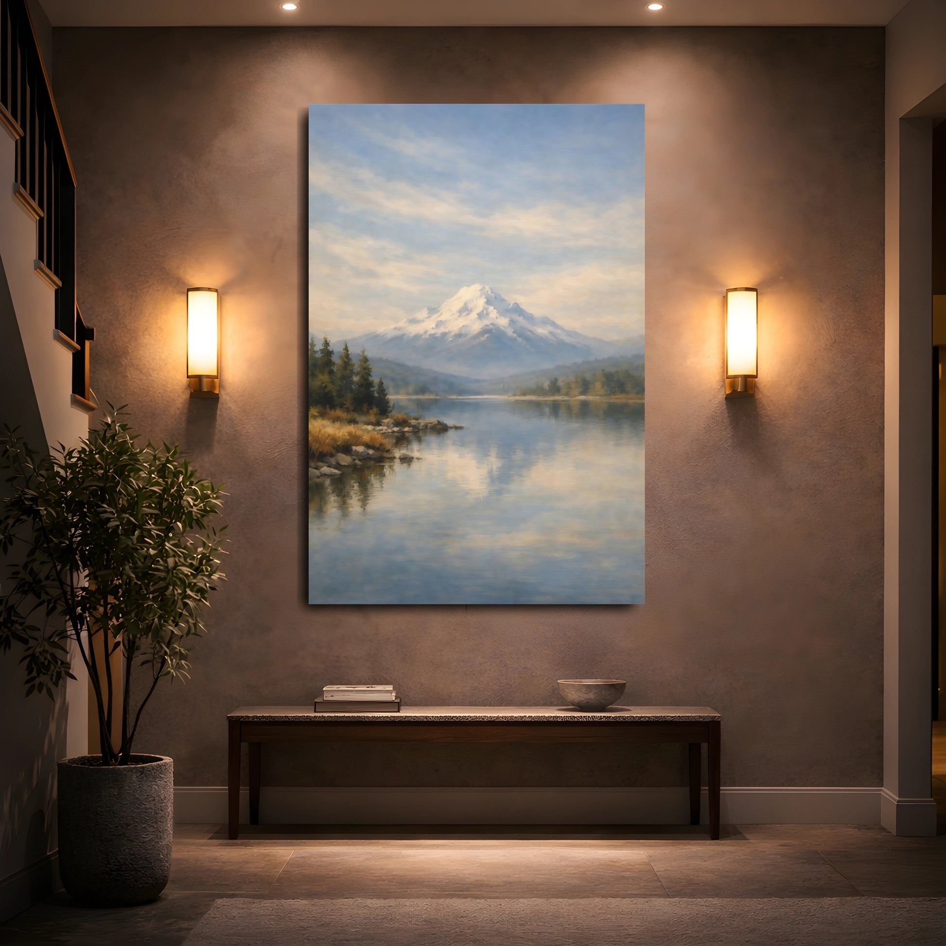 Mockup 4. Nature Snowy Mountain Snowy Mountain Lake shown as stretched canvas wall art