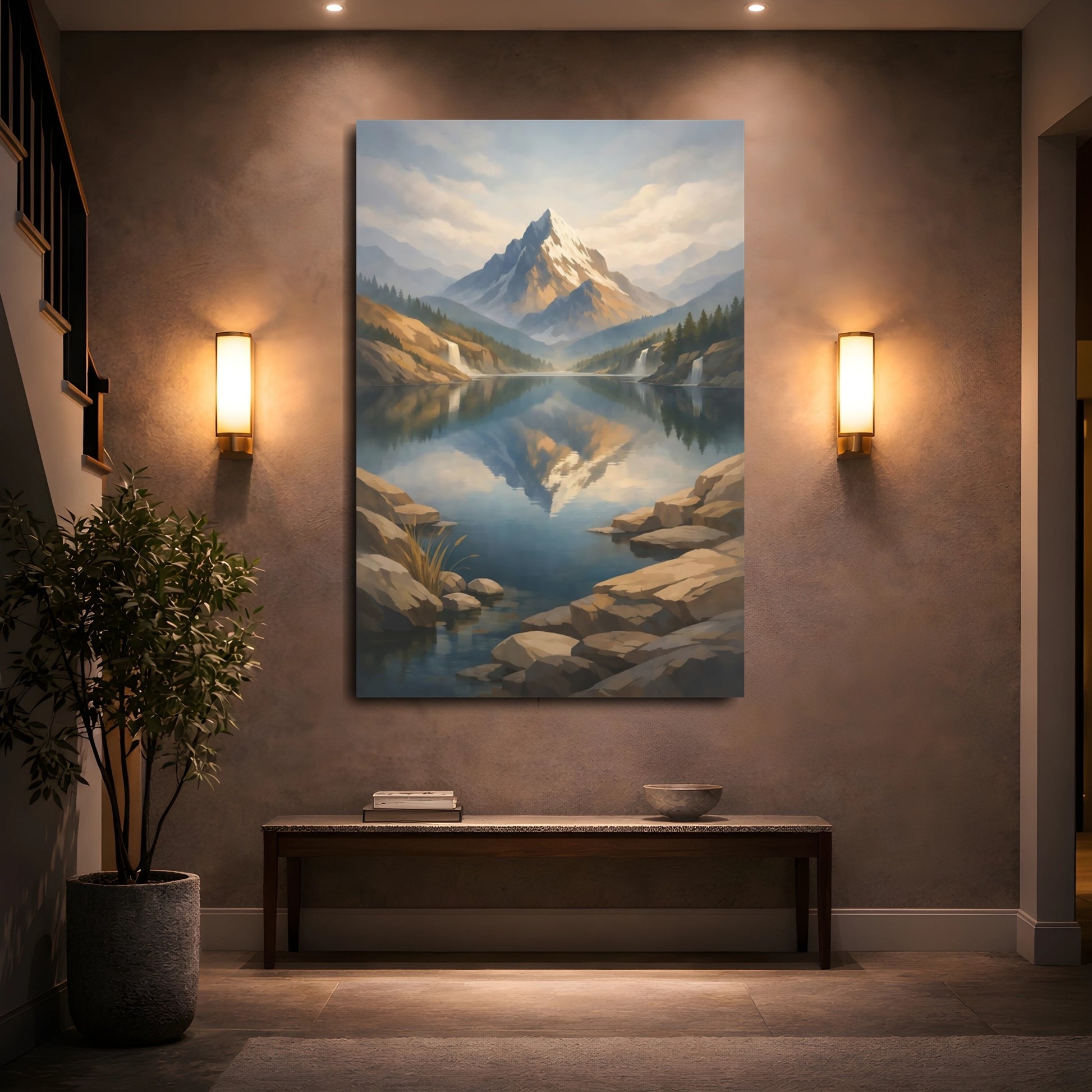 Mockup 4. Nature Snowy Mountain Snowy Mountain Lake shown as stretched canvas wall art