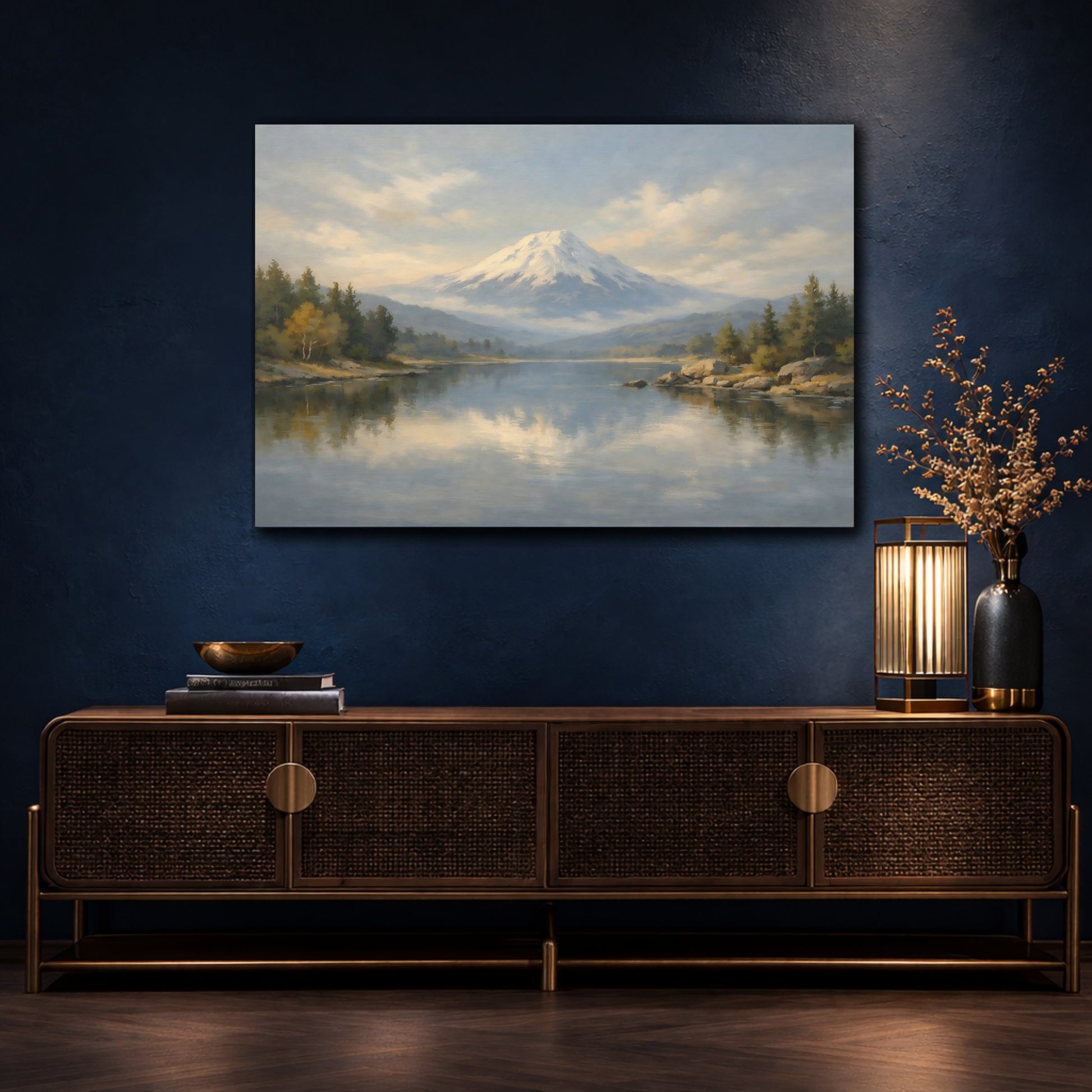 Mockup 4. Nature Snowy Mountain Snowy Mountain Lake shown as stretched canvas wall art