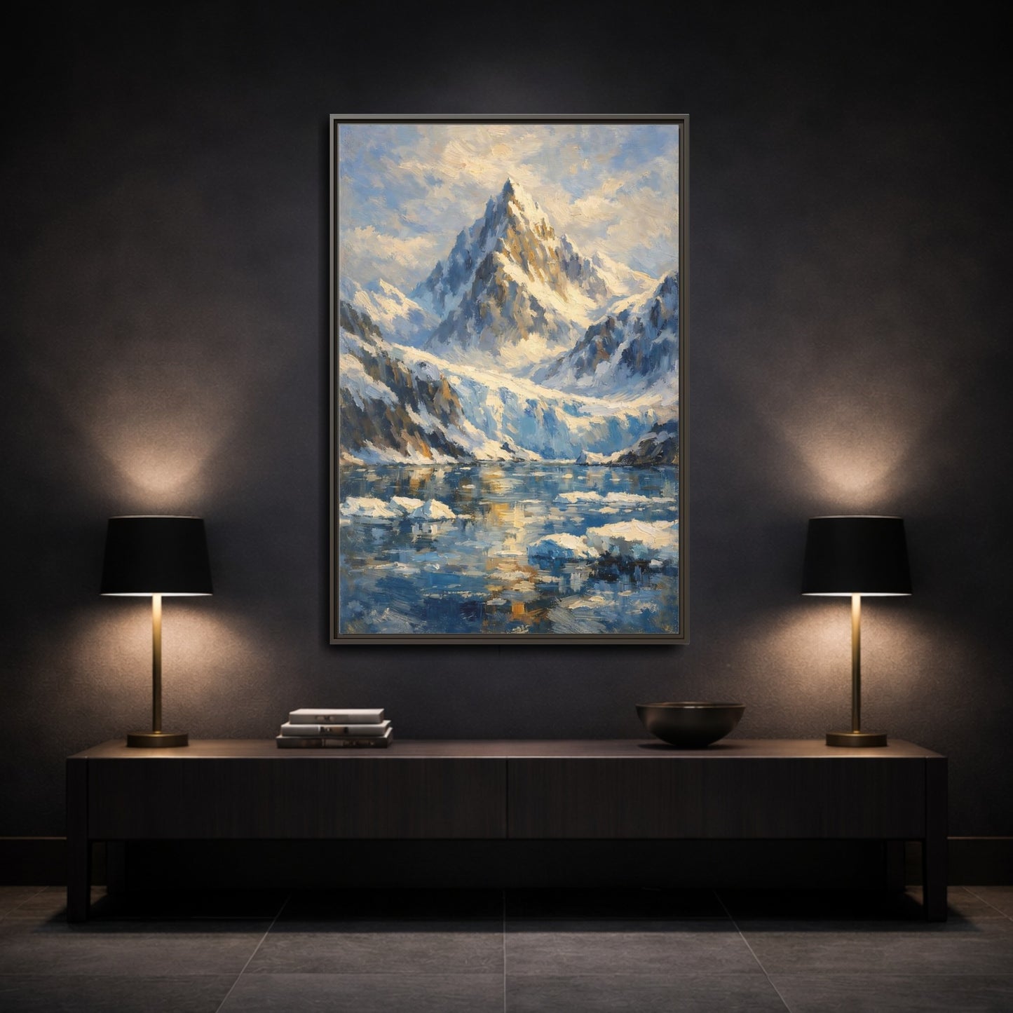 Mockup 2. Nature Snowy Mountain Snowy Mountain Landscape shown as stretched canvas wall art
