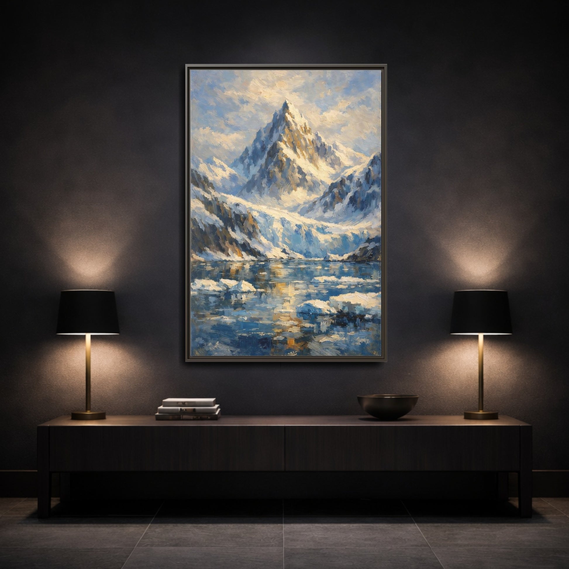 Mockup 2. Nature Snowy Mountain Snowy Mountain Landscape shown as stretched canvas wall art