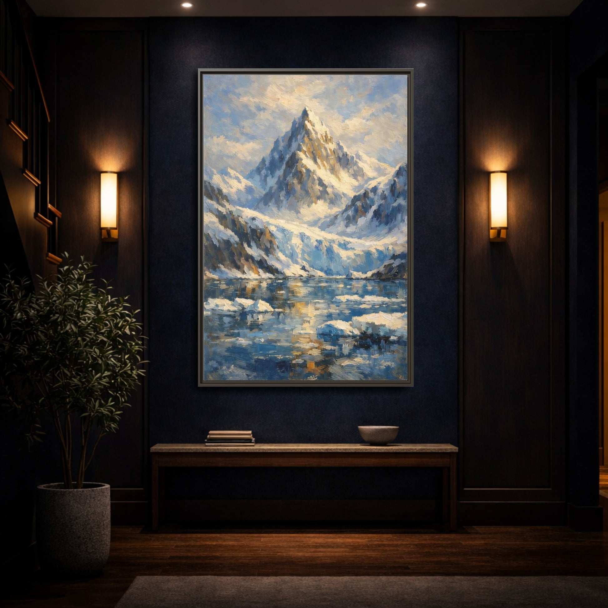 Mockup 3. Nature Snowy Mountain Snowy Mountain Landscape shown as stretched canvas wall art